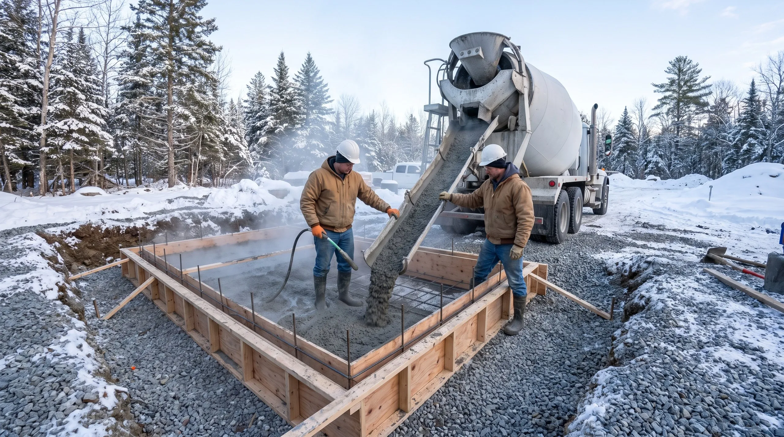 New home builder Sidney Maine: crew pouring concrete from a mixer chute into a rebar-lined foundation form in snow