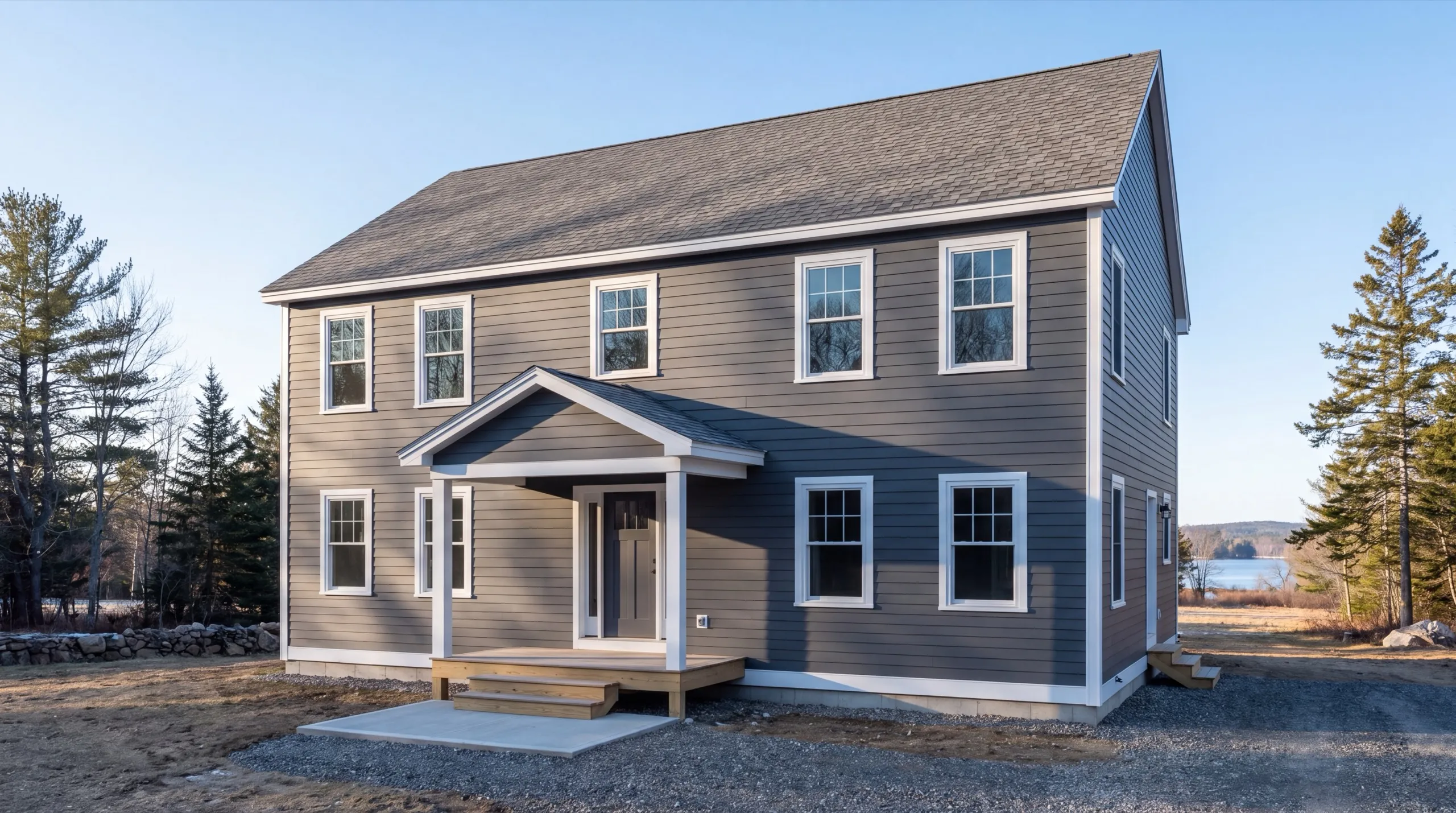 Custom home builder in Sidney, ME: finished gray two-story colonial with a gabled entry on a gravel lot