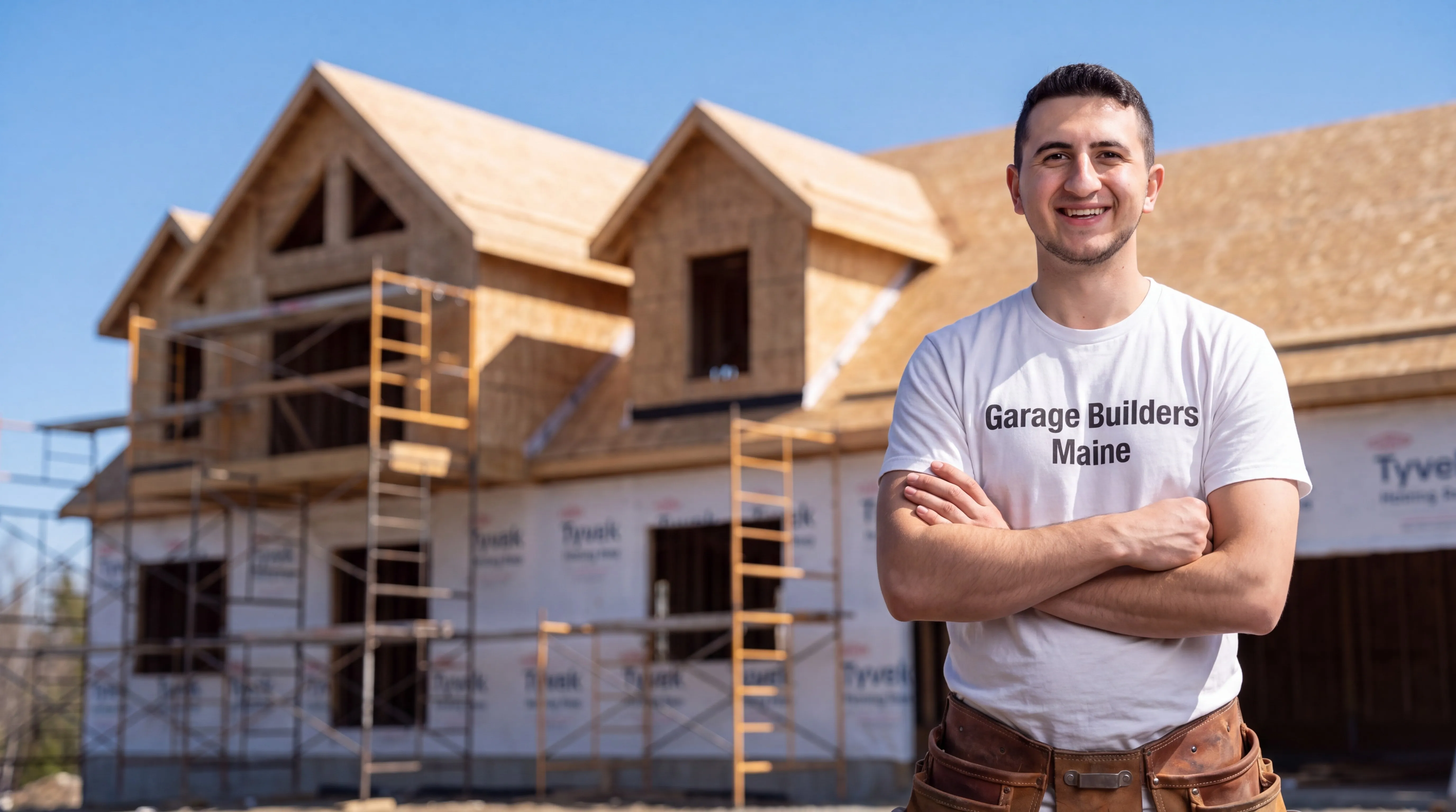 Custom home builder Sidney Maine: owner with arms crossed in front of a wrapped two-story house with scaffolding
