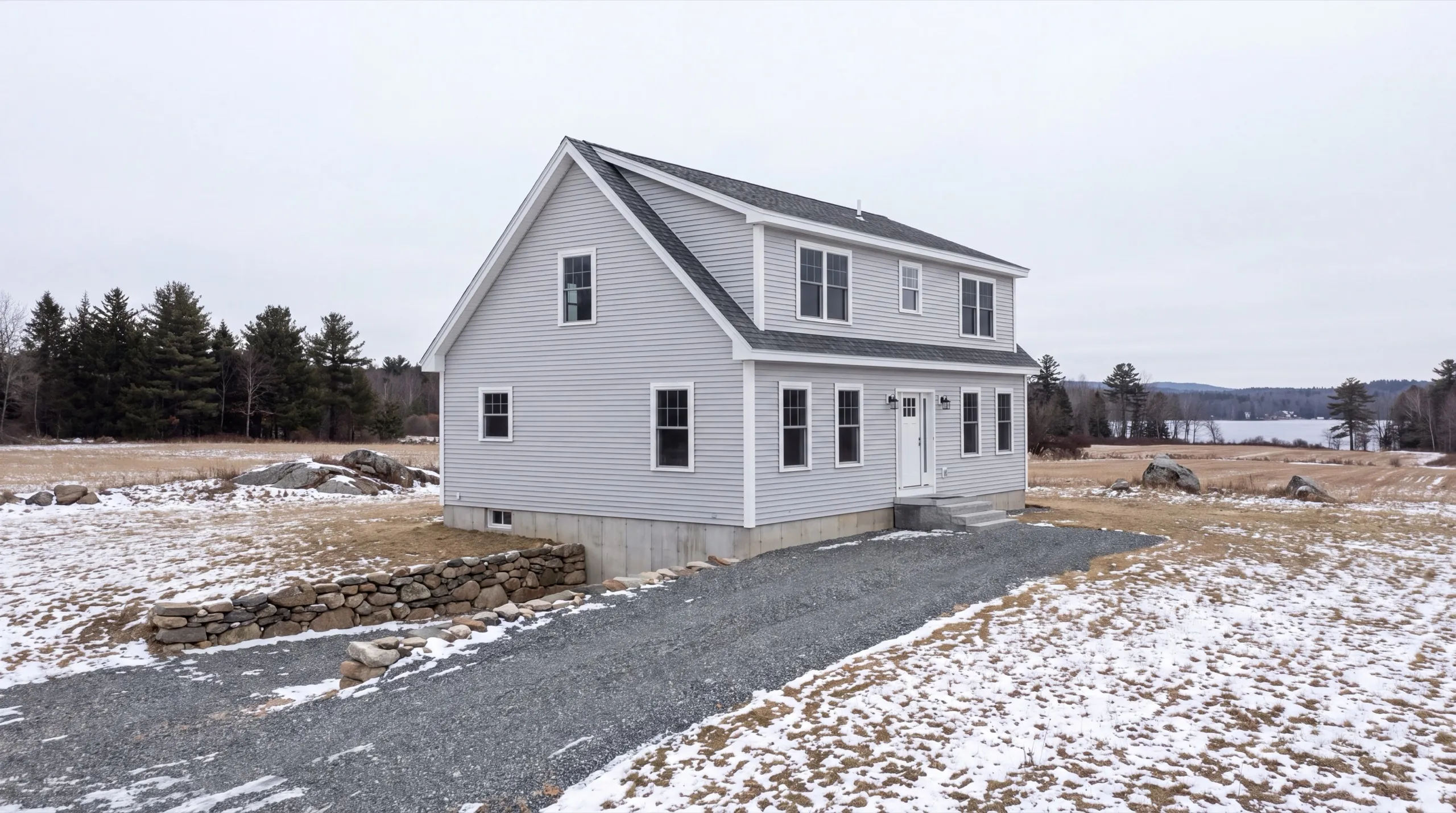 New home builder Sidney Maine: finished light gray two-story house with lap siding in a snowy field