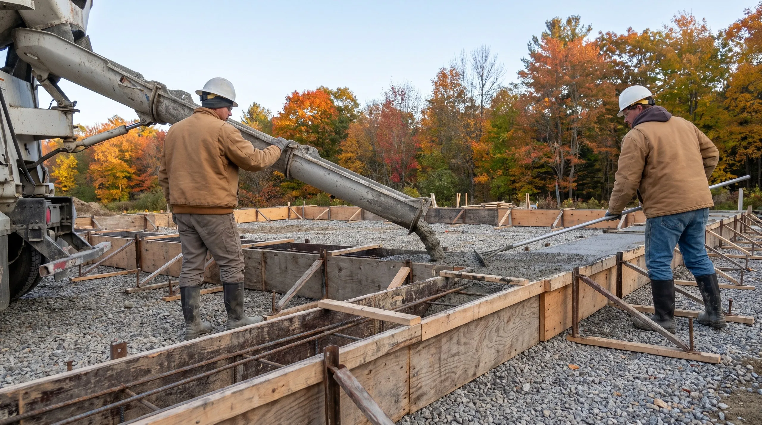 New home builder Vassalboro Maine: two workers pouring and raking concrete into wooden footing forms with rebar, fall trees behind