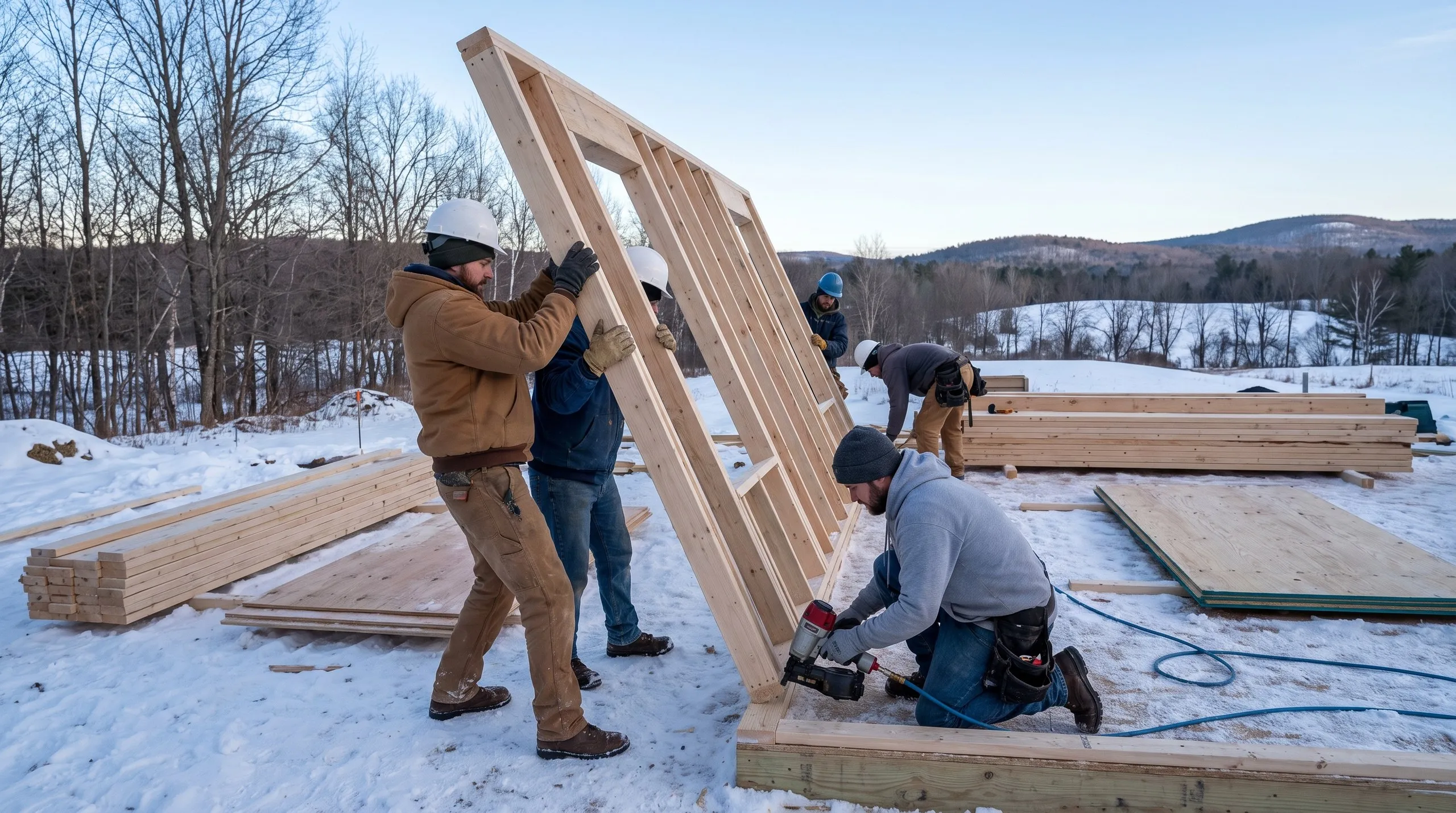 Residential home builder Vassalboro Maine: framing crew tipping up a stud wall on a snowy plywood deck