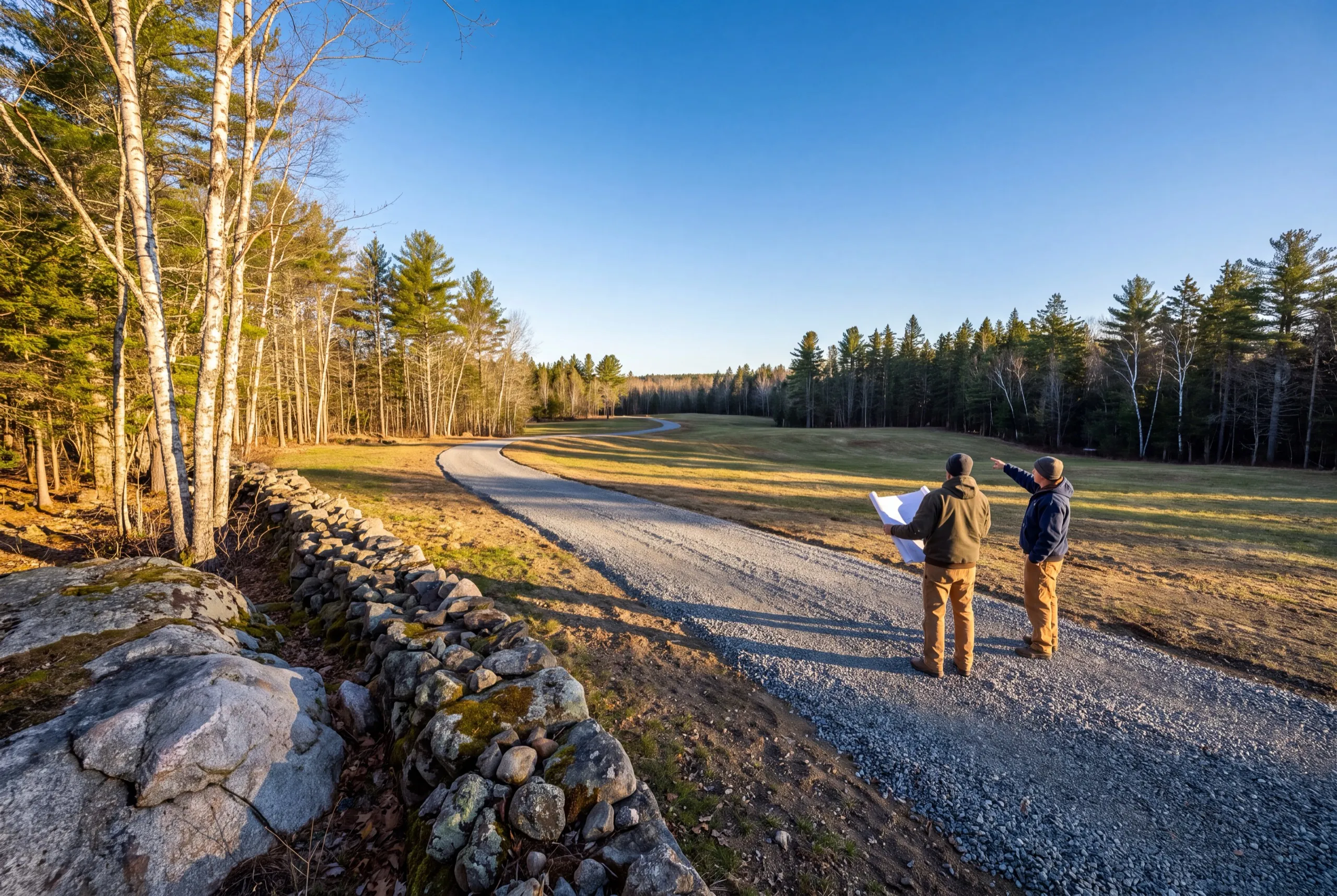 Two men with plans on a new gravel drive, one pointing across a field in Vassalboro, Maine