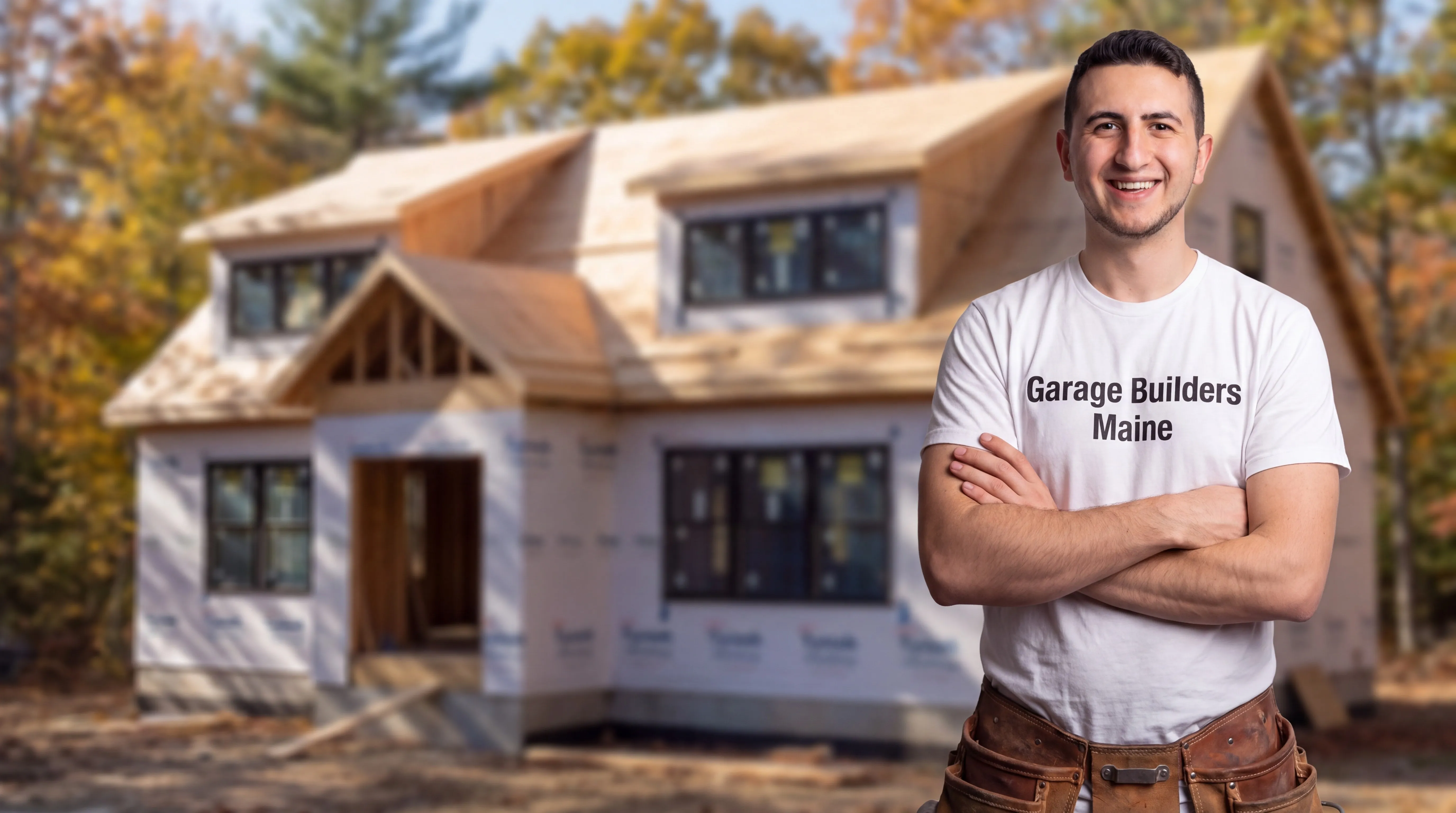 Owner of Garage Builders Maine standing with his arms crossed and smiling at a Maine job site