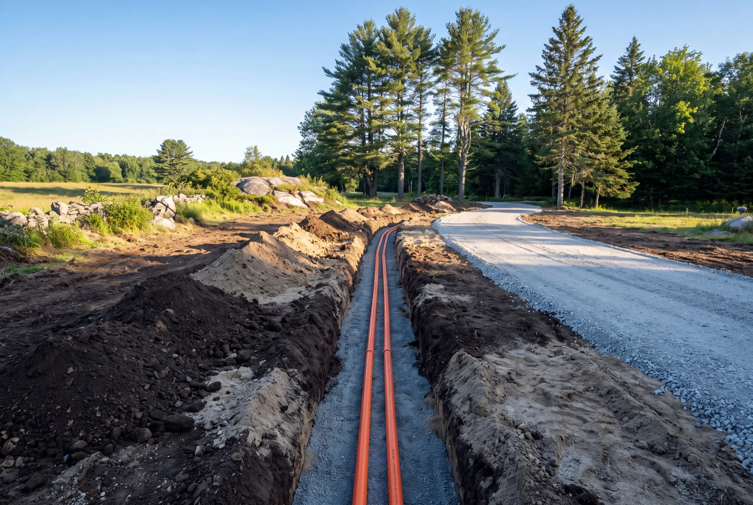 Open trench with orange electrical conduit beside a new gravel driveway in Vassalboro, Maine