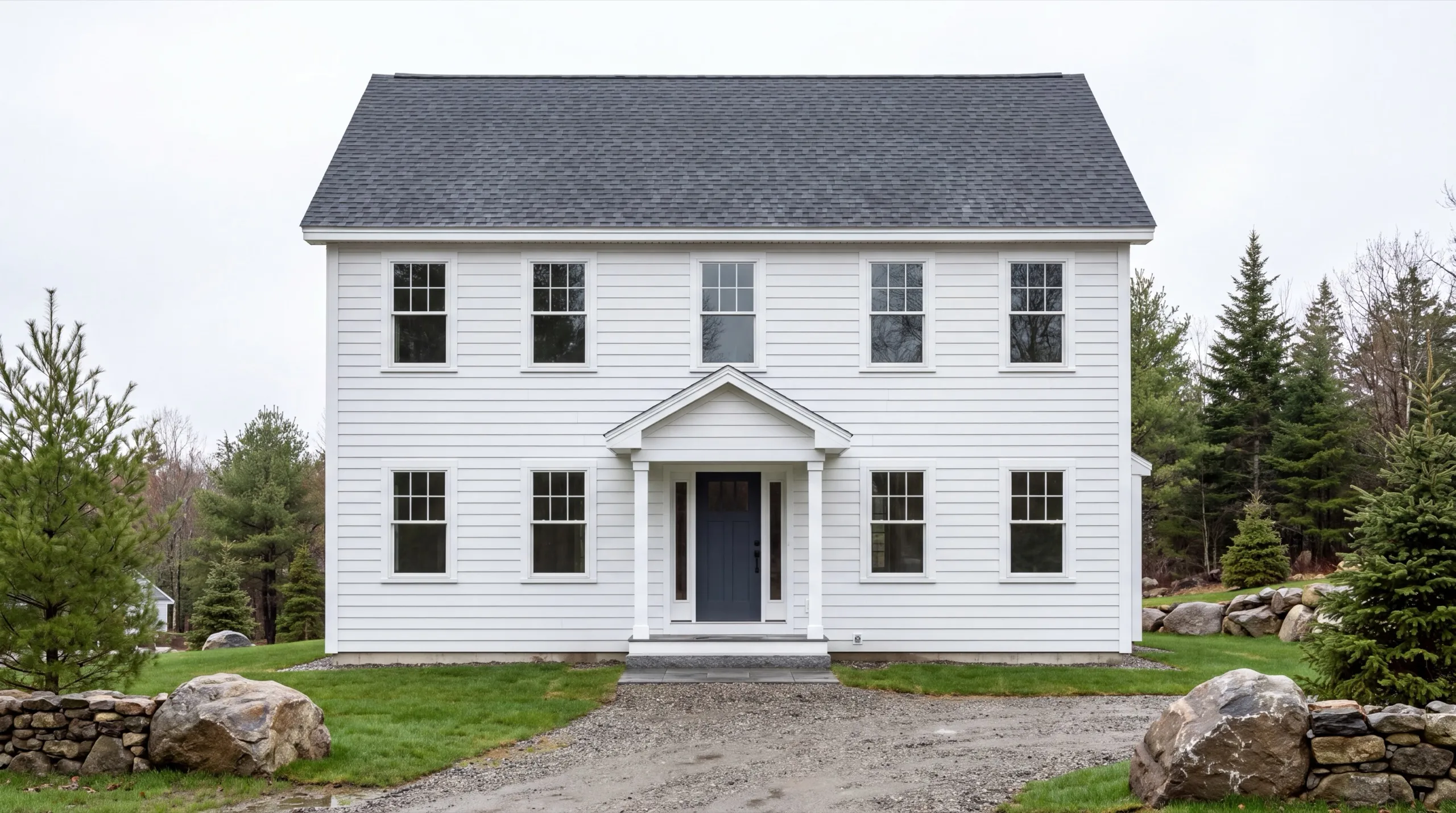 Custom home builder West Gardiner Maine: finished white two-story colonial with a gabled entry and black door