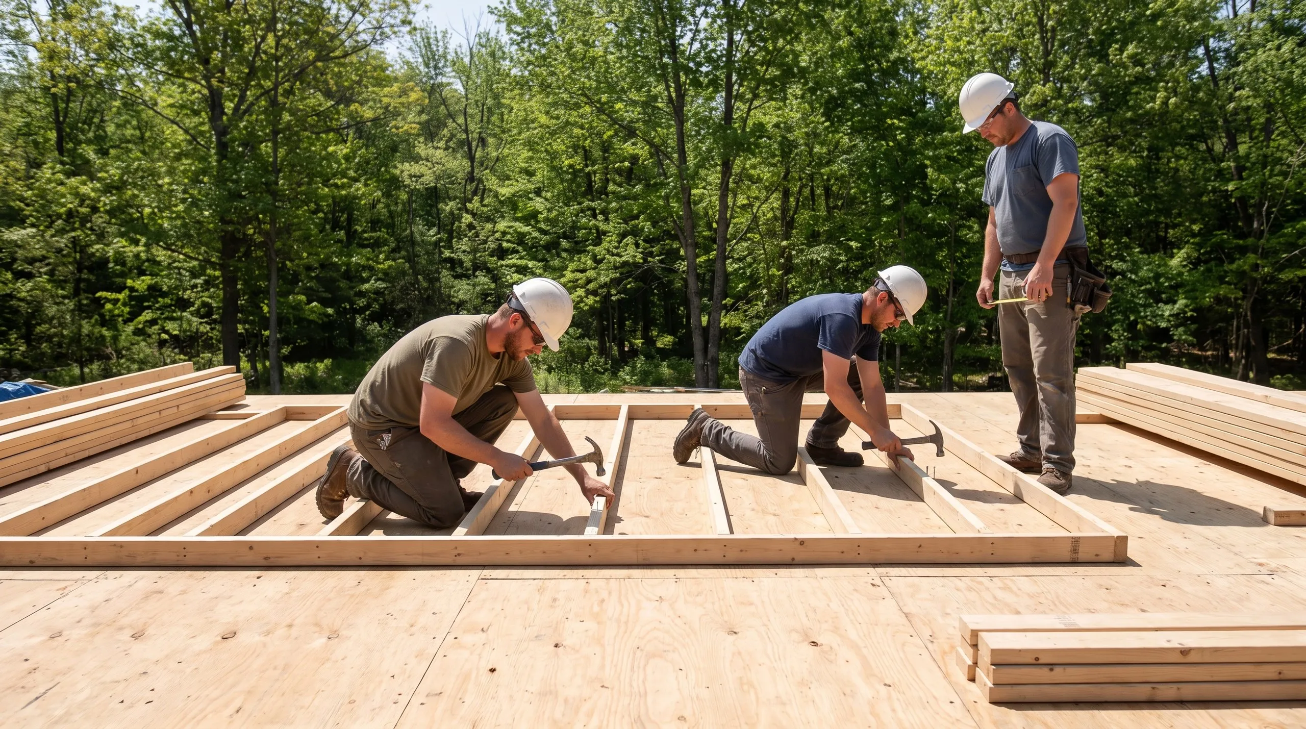 Residential home builder West Gardiner Maine: crew in hard hats nailing studs into a wall frame laid on a plywood deck