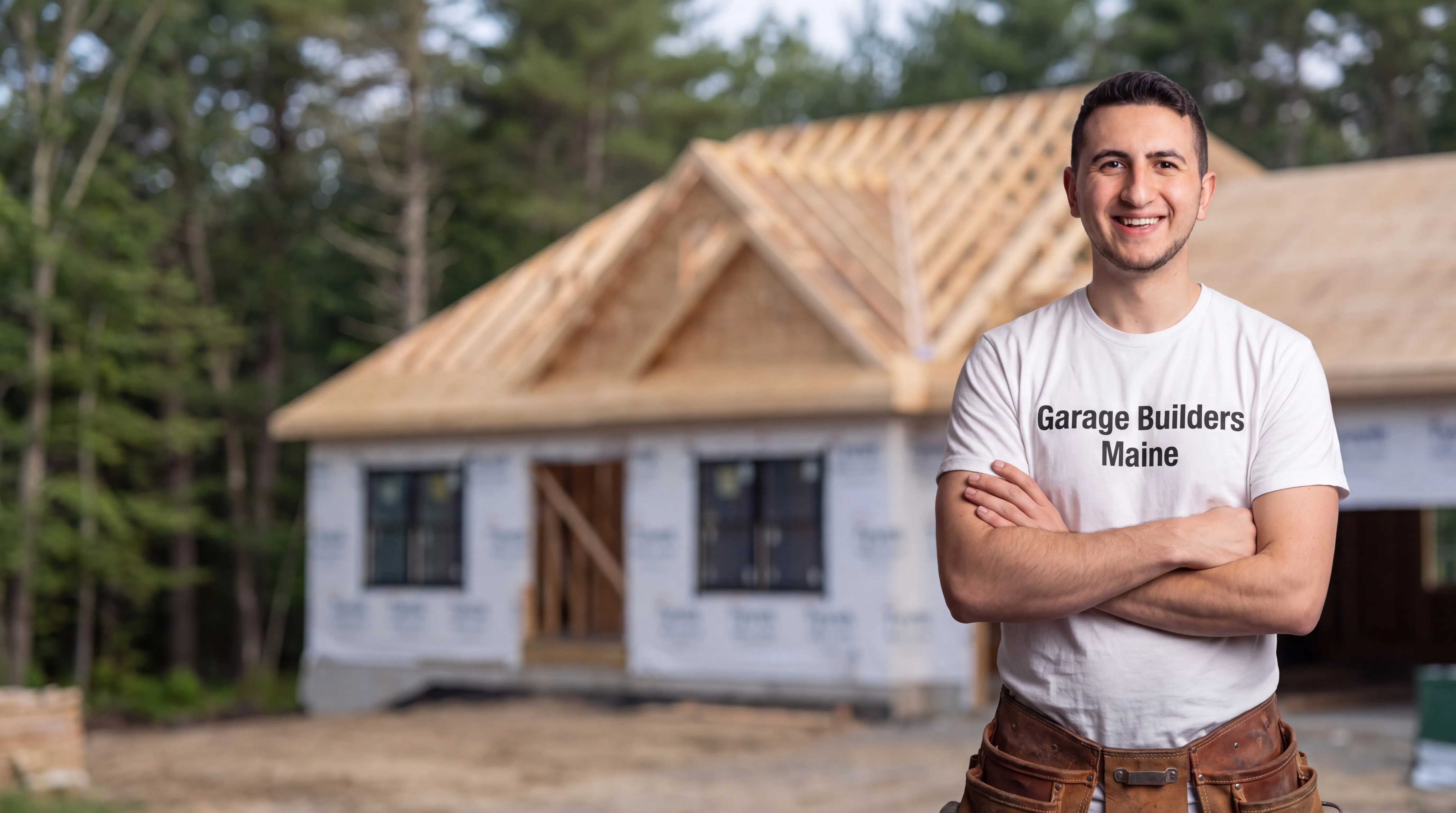 Custom home builder West Gardiner Maine: owner with arms crossed in front of a wrapped house with roof trusses set