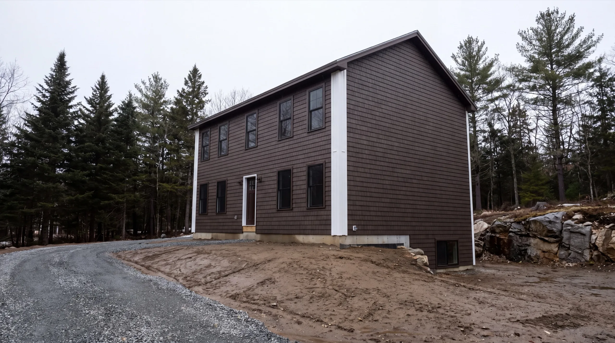 New home builder West Gardiner Maine: finished brown two-story house with shingle-style siding on a gravel drive