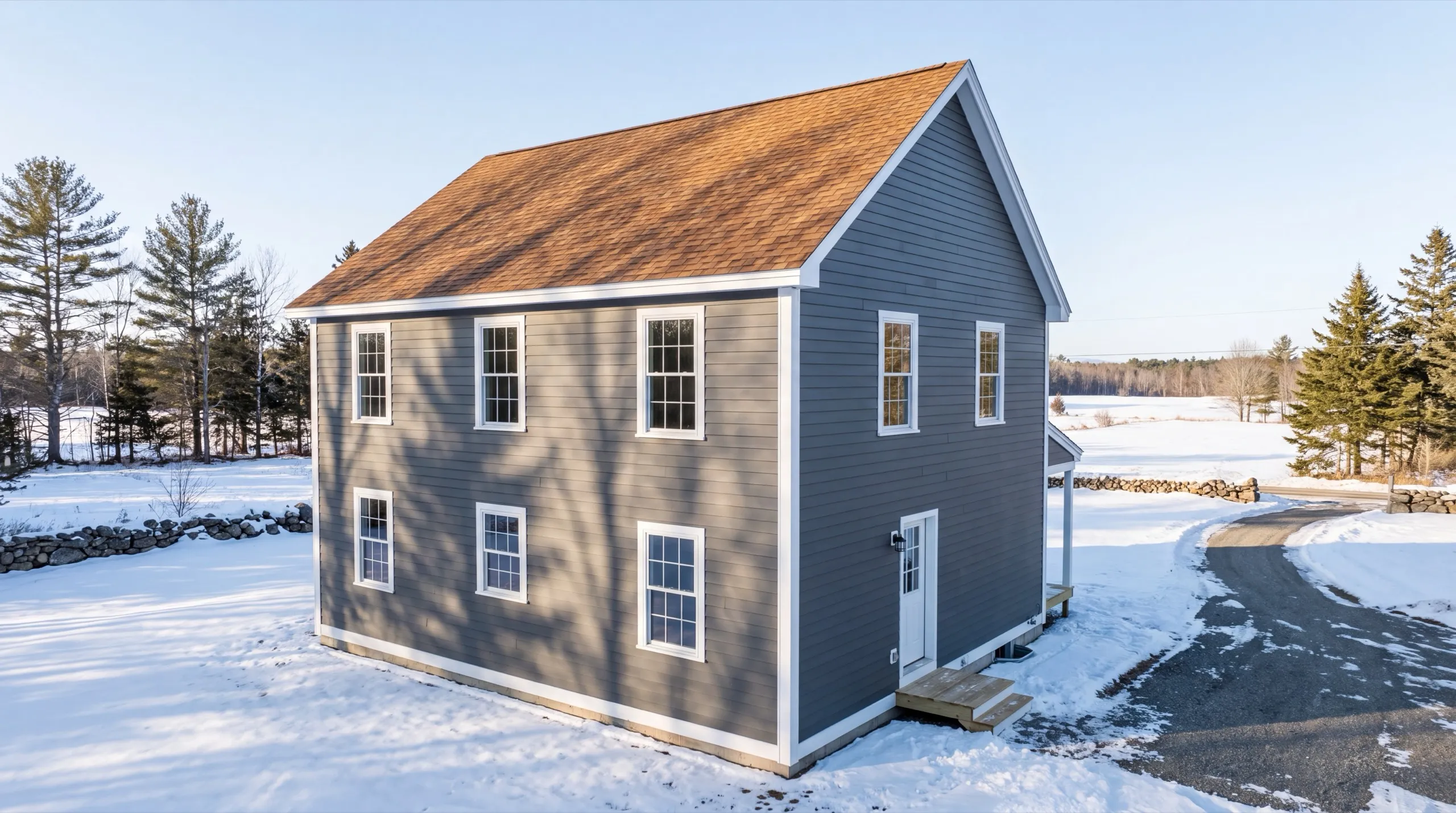 Custom home builder Whitefield Maine: finished blue-gray two-story house with a brown roof in snow