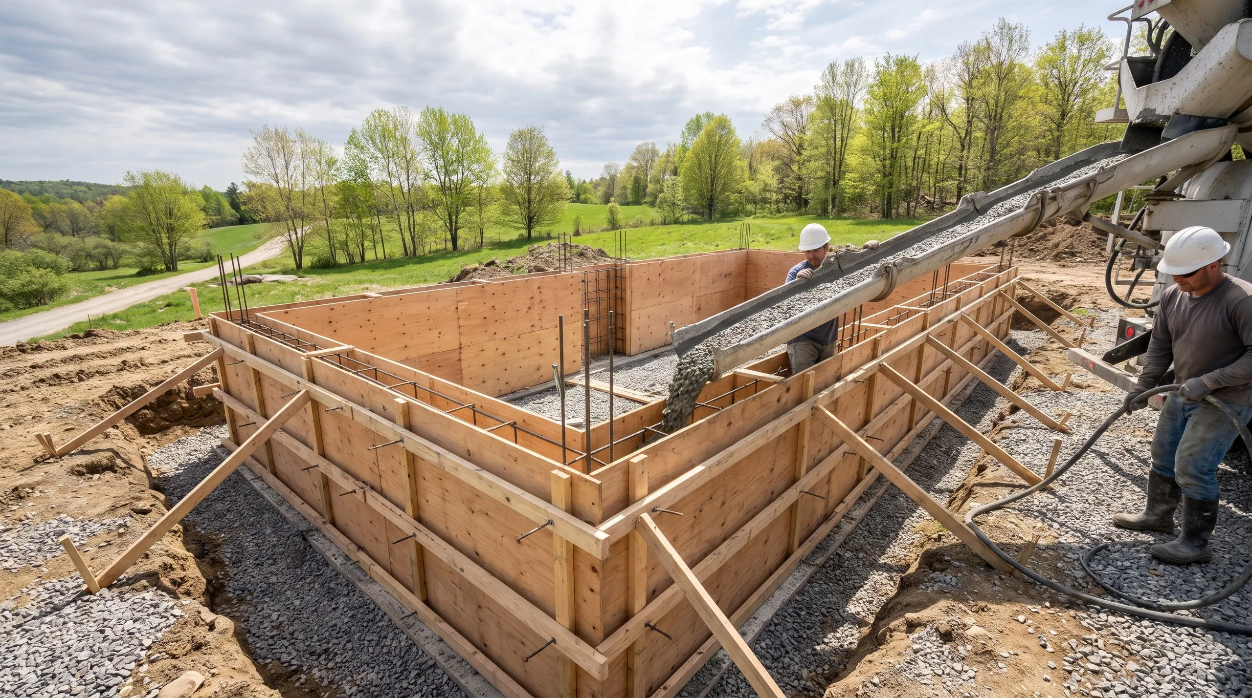 New home builder Whitefield Maine: concrete pouring from a mixer chute into basement wall forms beside an open field