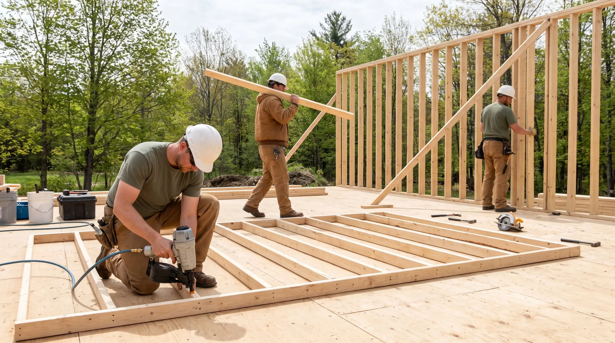 Residential home builder Whitefield Maine: framer nail-gunning a wall frame on the subfloor as crew carry lumber by a braced stud wall