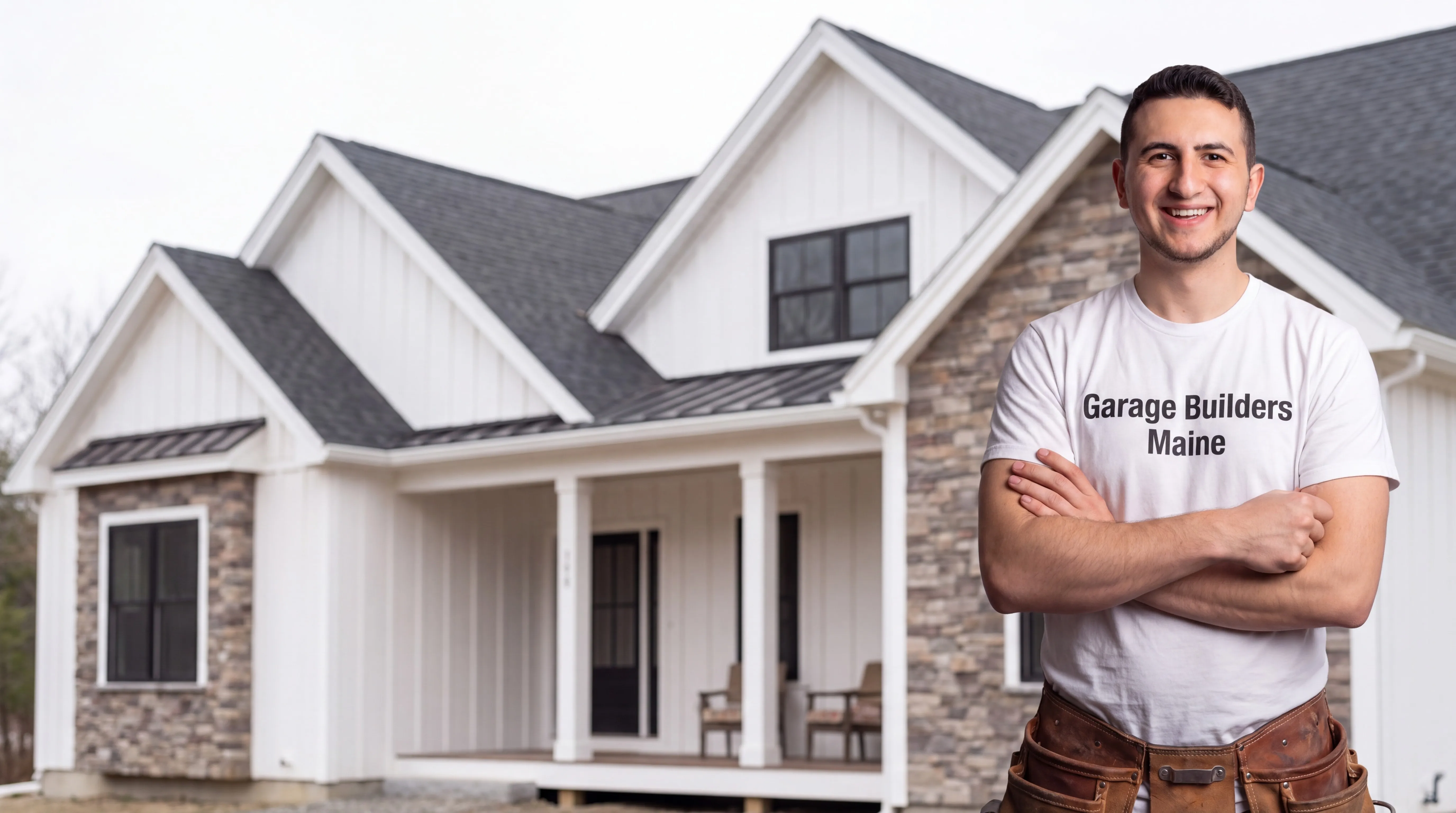 Custom home builder Whitefield Maine: owner with arms crossed in front of a white board and batten house