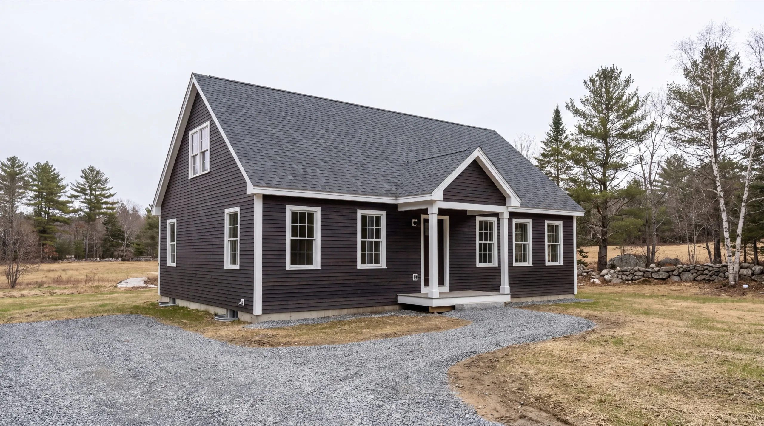 New home builder Whitefield Maine: finished cape with dark brown lap siding and a gabled entry