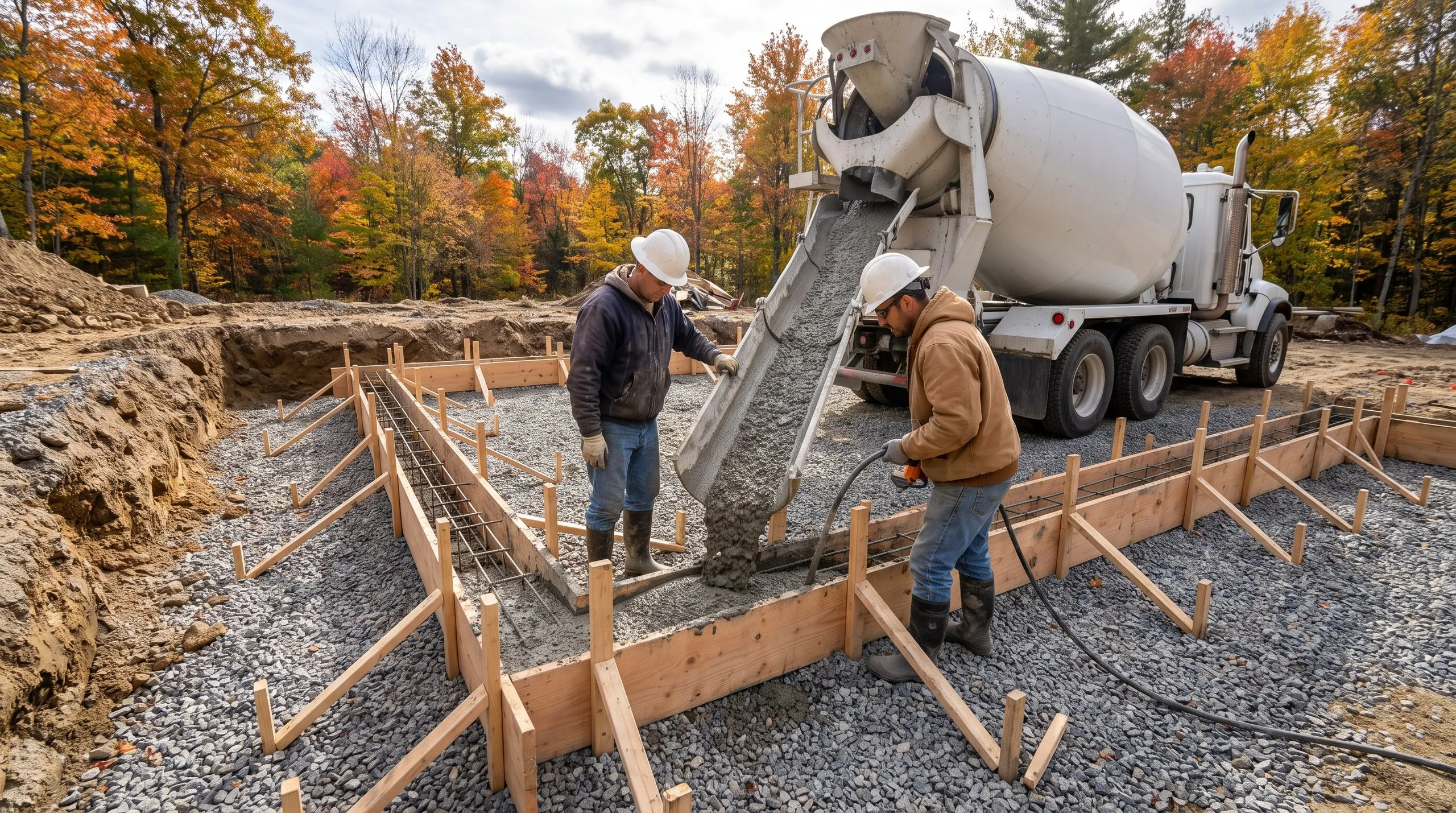 New home builder Windsor Maine: crew pouring concrete from a mixer truck chute into rebar footing forms on gravel