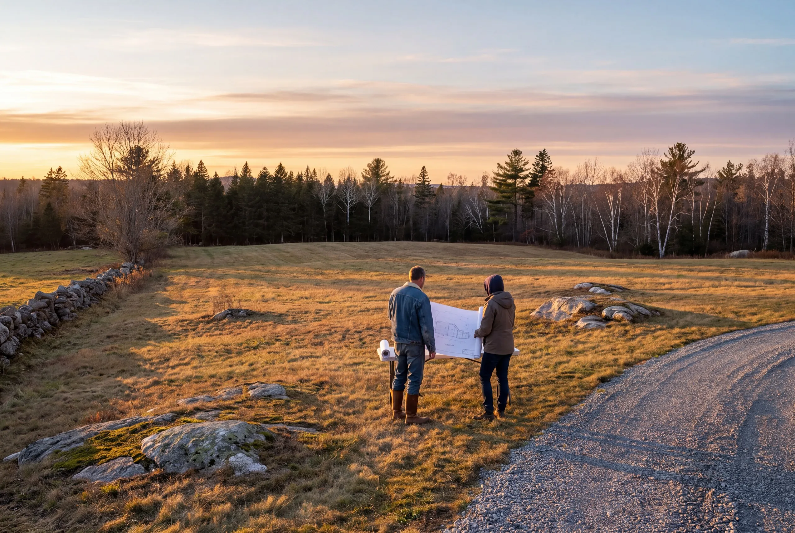 Two people holding a large site plan in an open field at sunset in Windsor, Maine