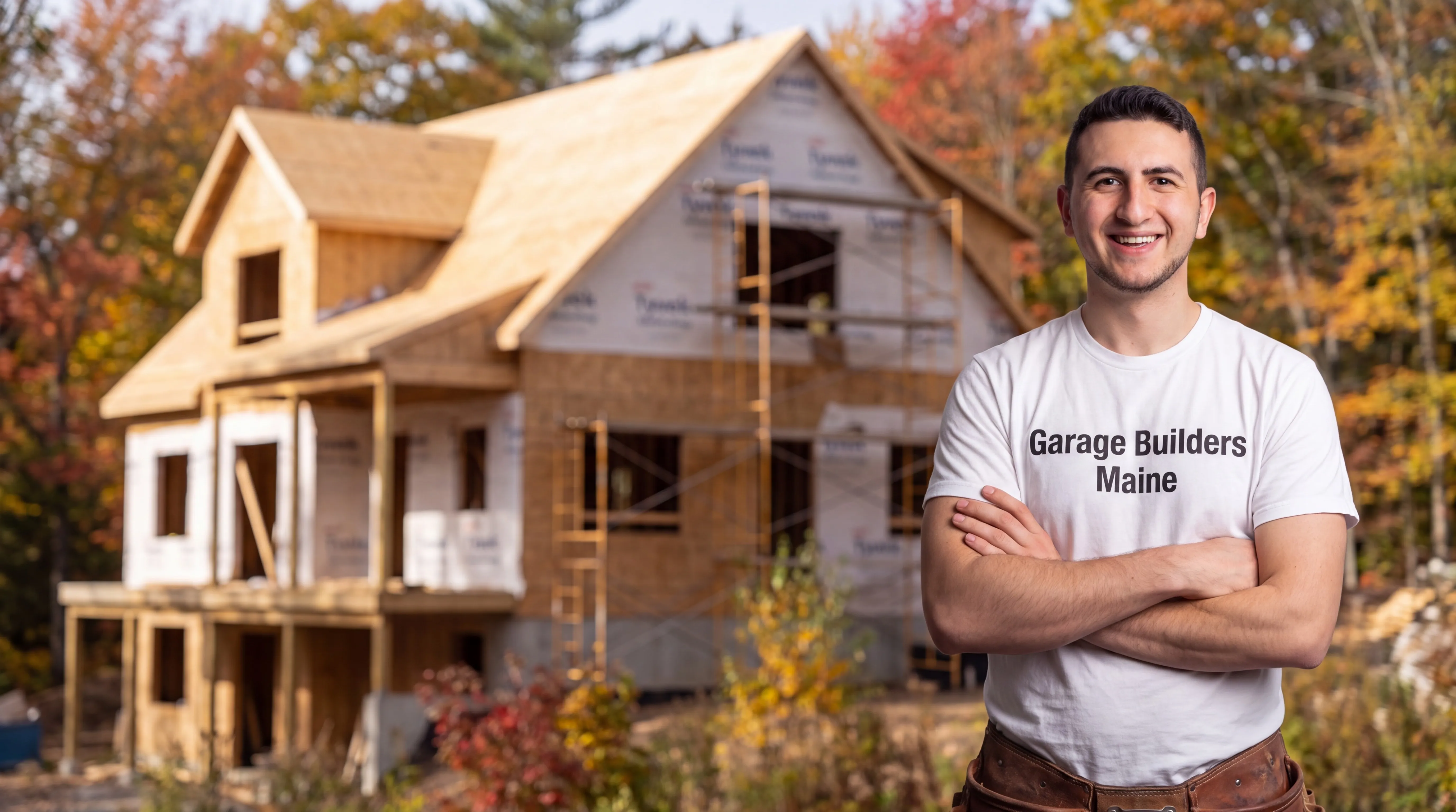 Owner of Garage Builders Maine standing with his arms crossed and smiling at a Maine job site