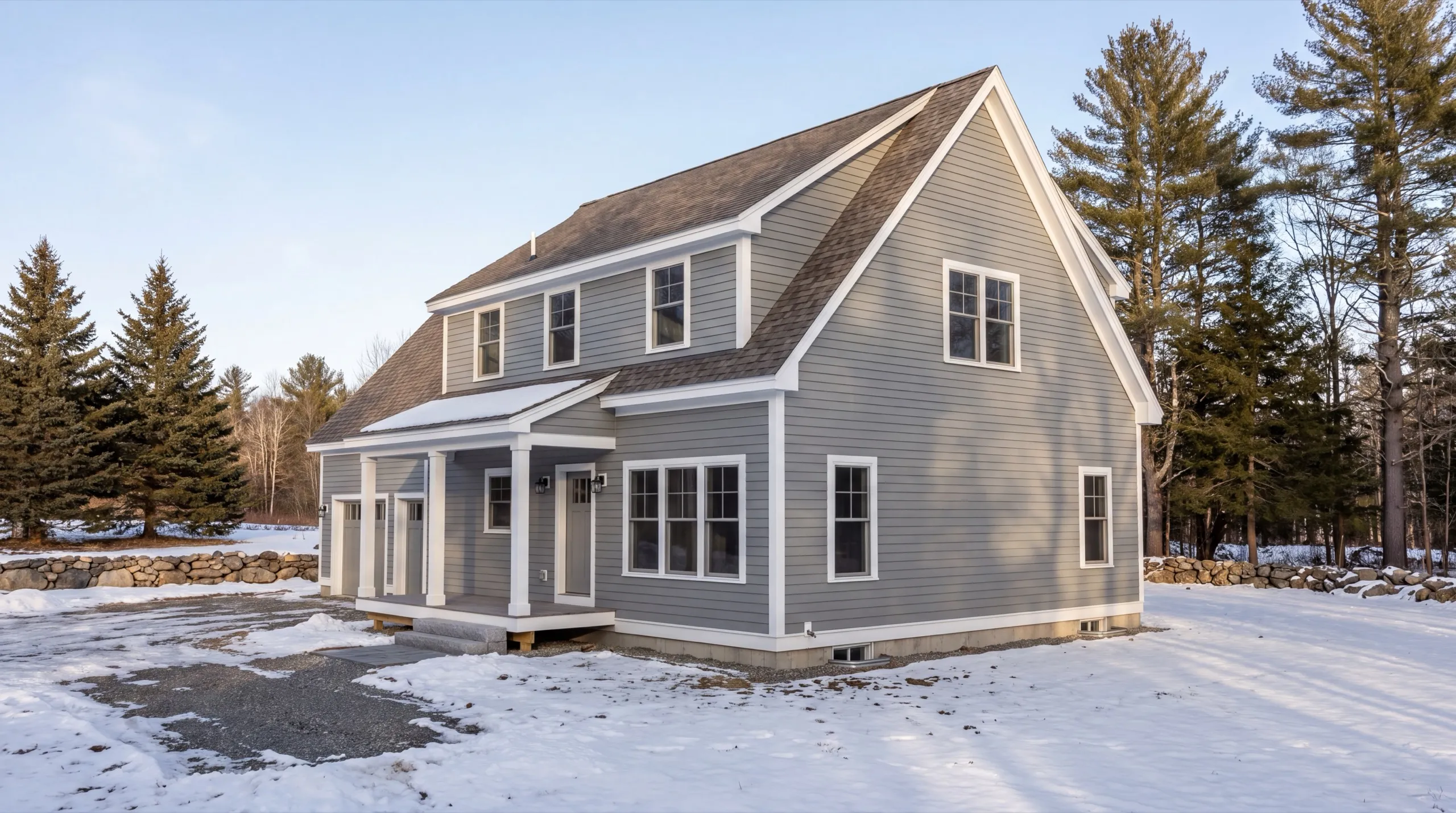 Custom home builder Winthrop Maine: finished gray two-story house with white trim in snow by a lake