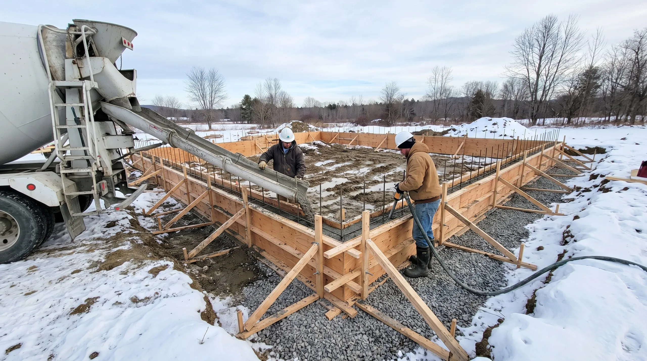 New home builder Winthrop Maine: crew pouring concrete from a mixer chute into perimeter foundation forms on a snowy lot