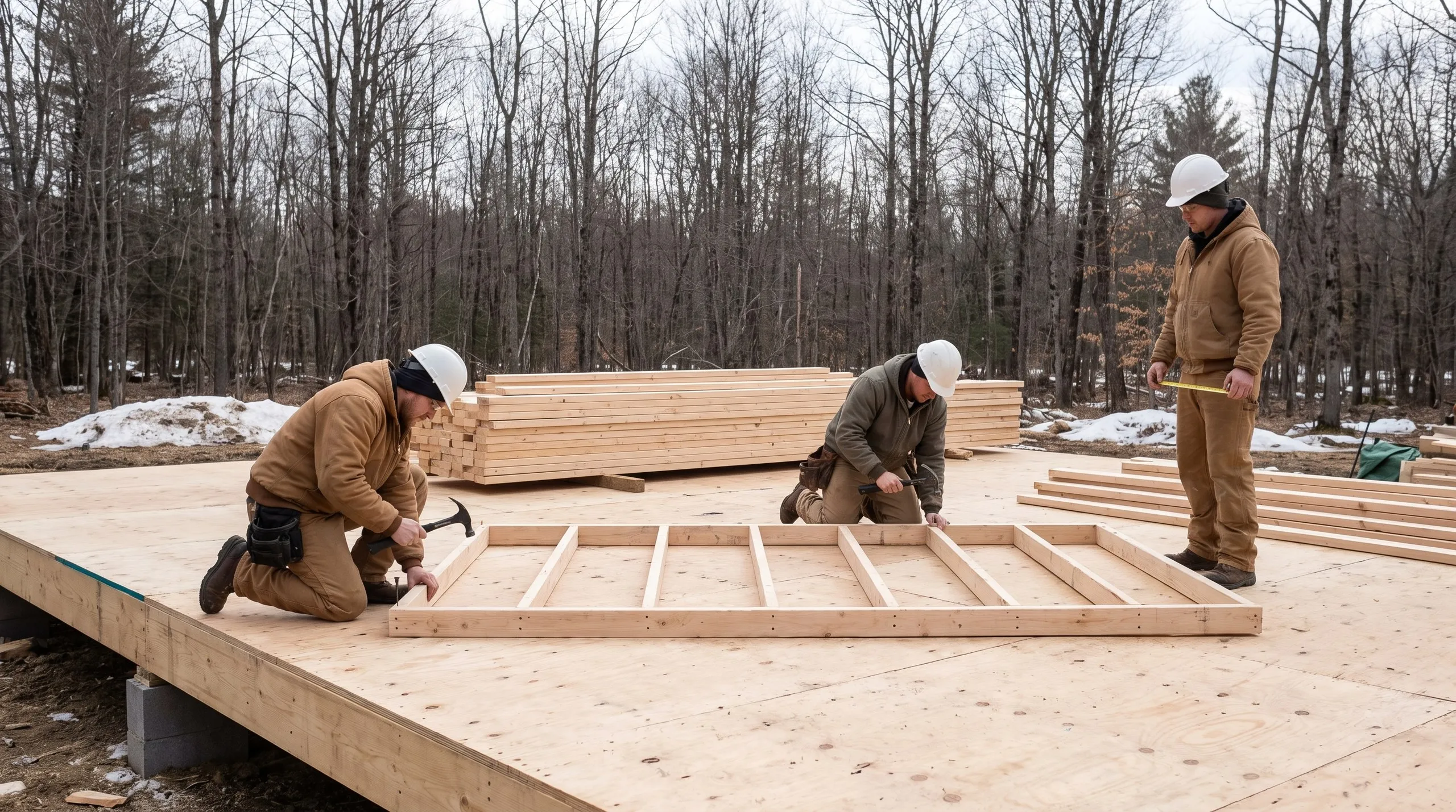 Residential home builder Winthrop Maine: framing crew assembling a stud wall on a new plywood subfloor beside stacked lumber