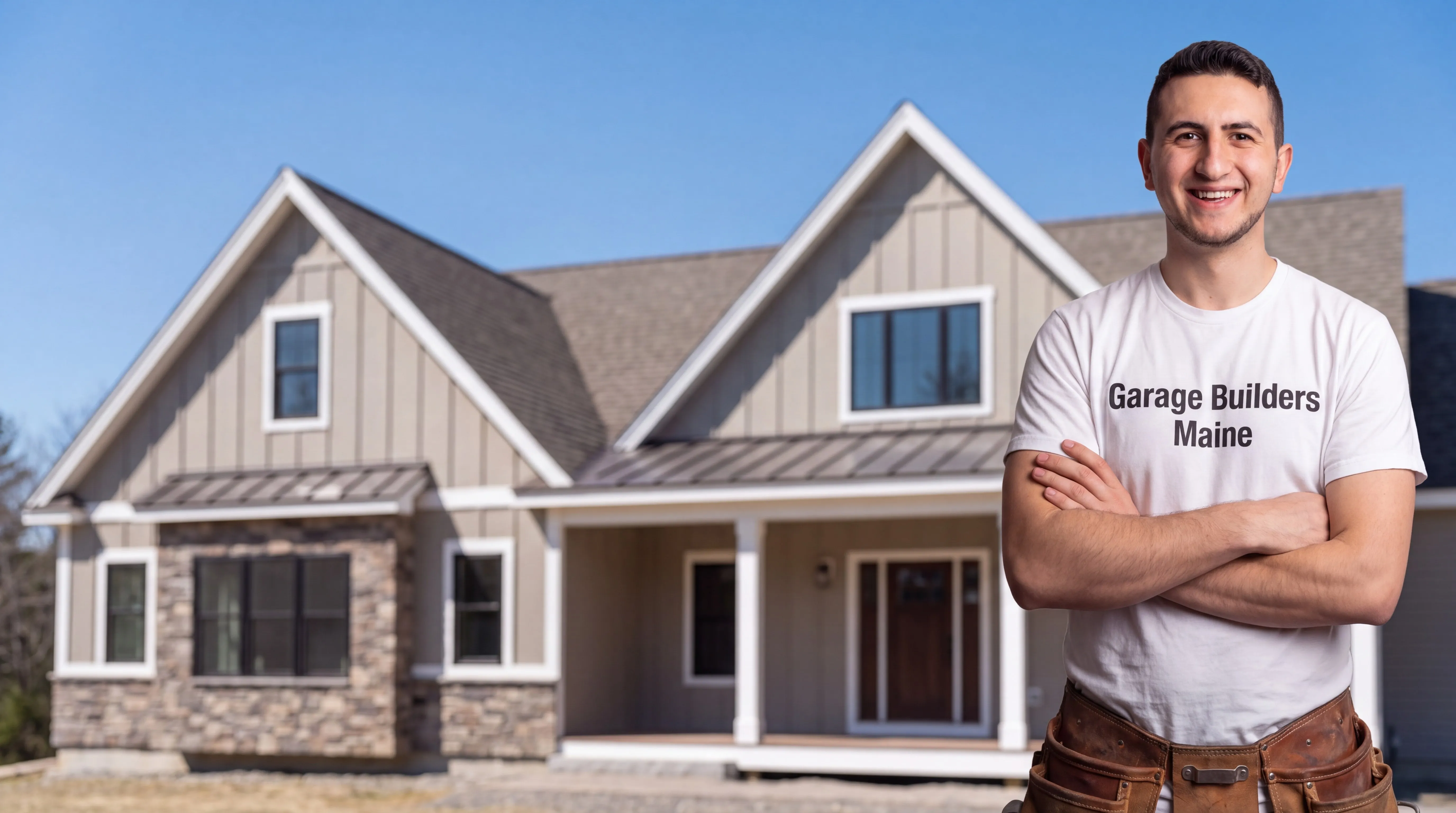 Owner of Garage Builders Maine standing with his arms crossed and smiling at a Maine job site