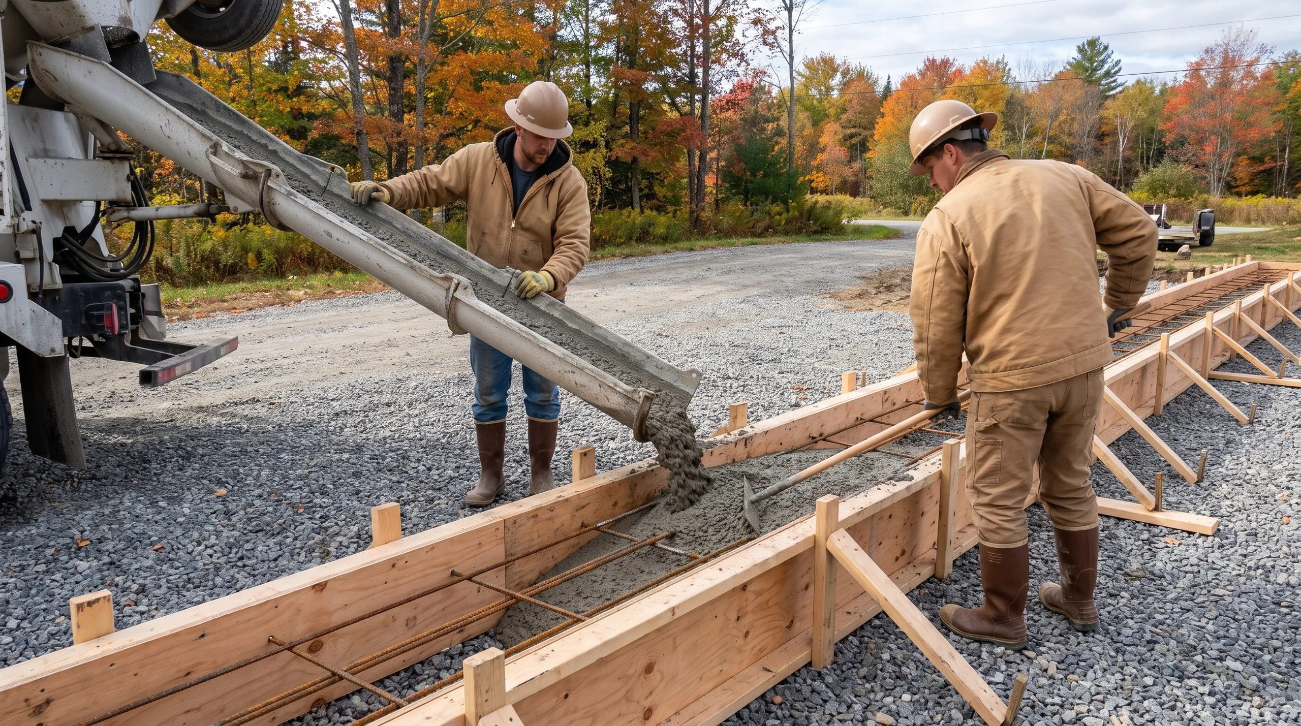 New home builder Wiscasset Maine: two workers in hard hats pouring concrete from a mixer chute into braced footing forms with rebar