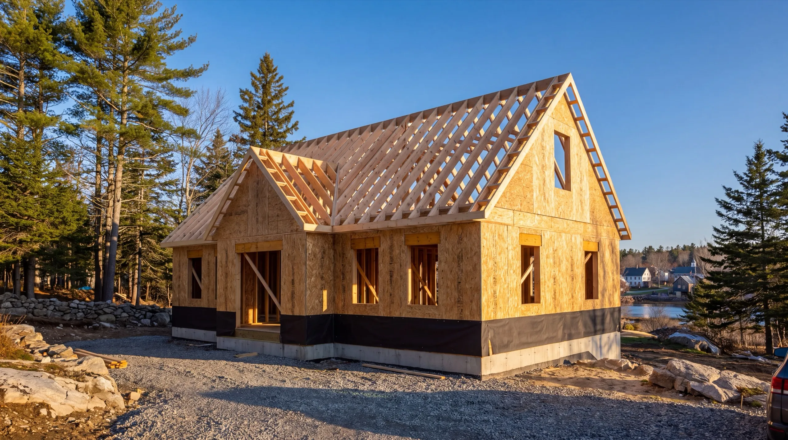framing crew on a custom home build in Wiscasset