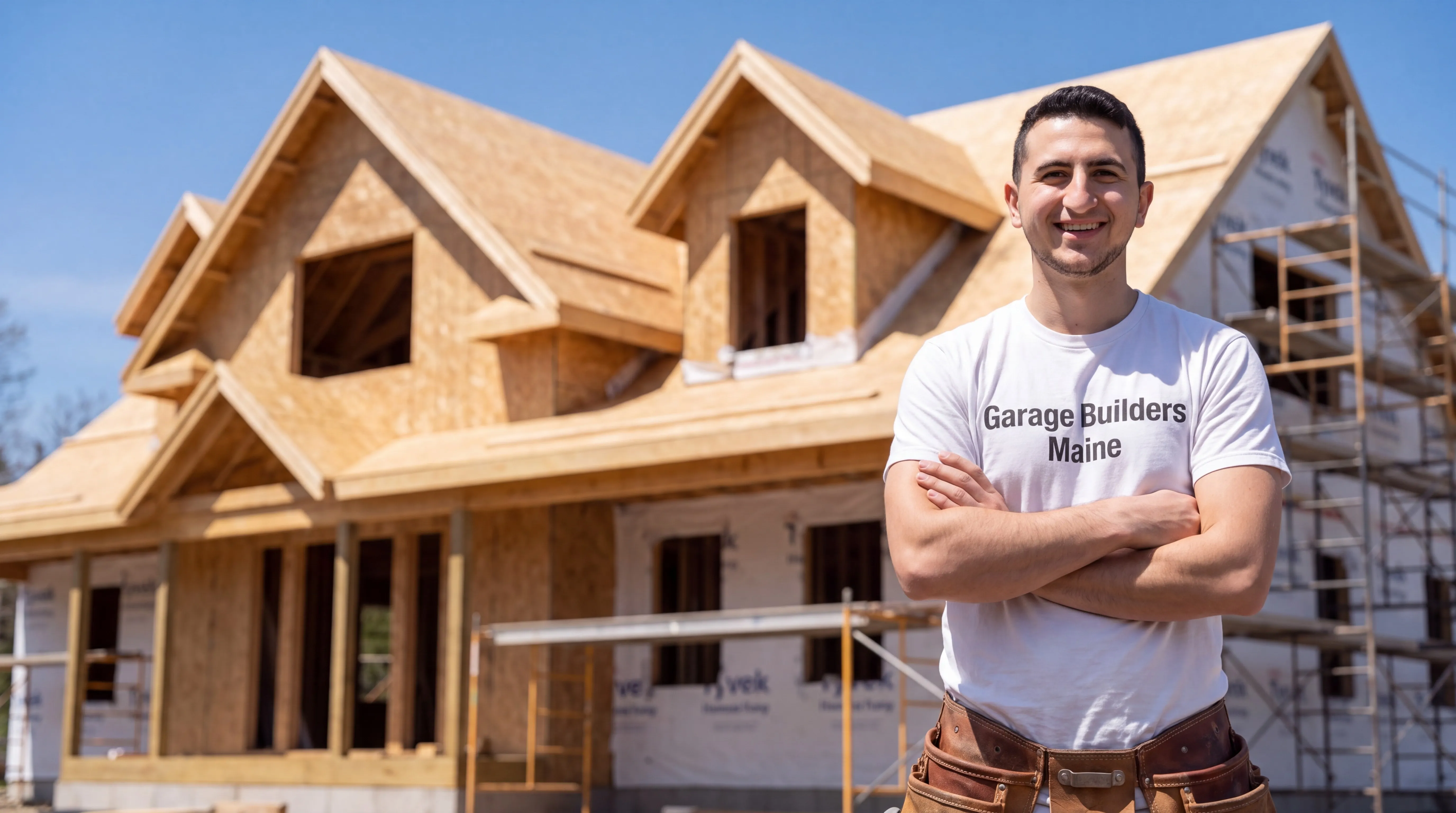 Owner of Garage Builders Maine standing with his arms crossed and smiling at a Maine job site