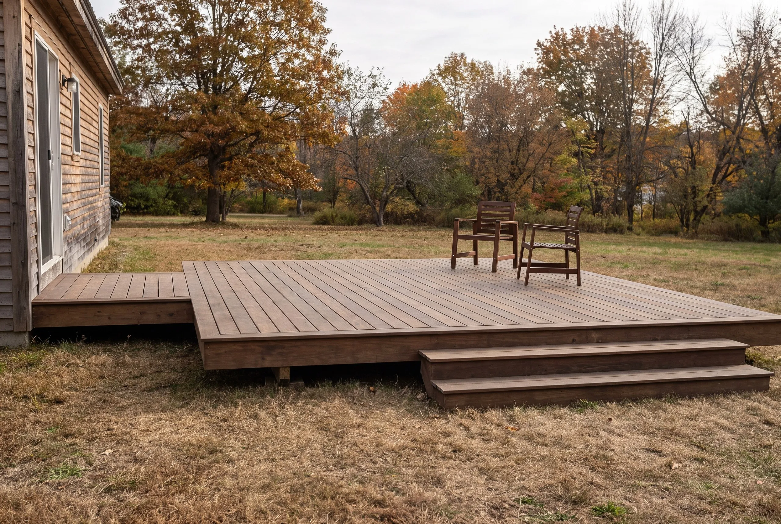 Deck builder Augusta Maine: low ground-level deck in brown boards with a landing at the back door, two wide steps and two chairs