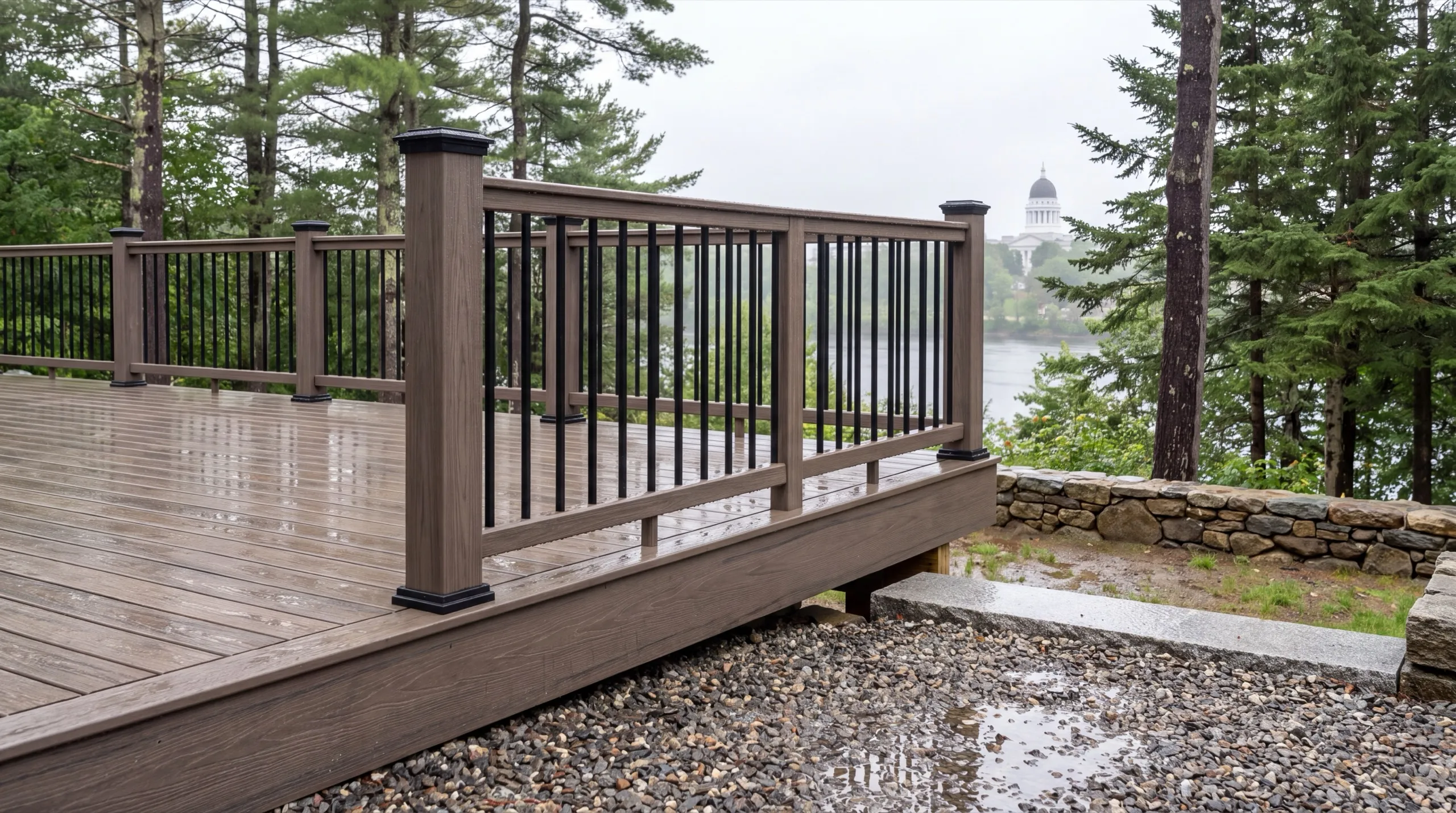 Deck builder Augusta Maine: brown composite deck railing with black balusters on a wet deck above the water