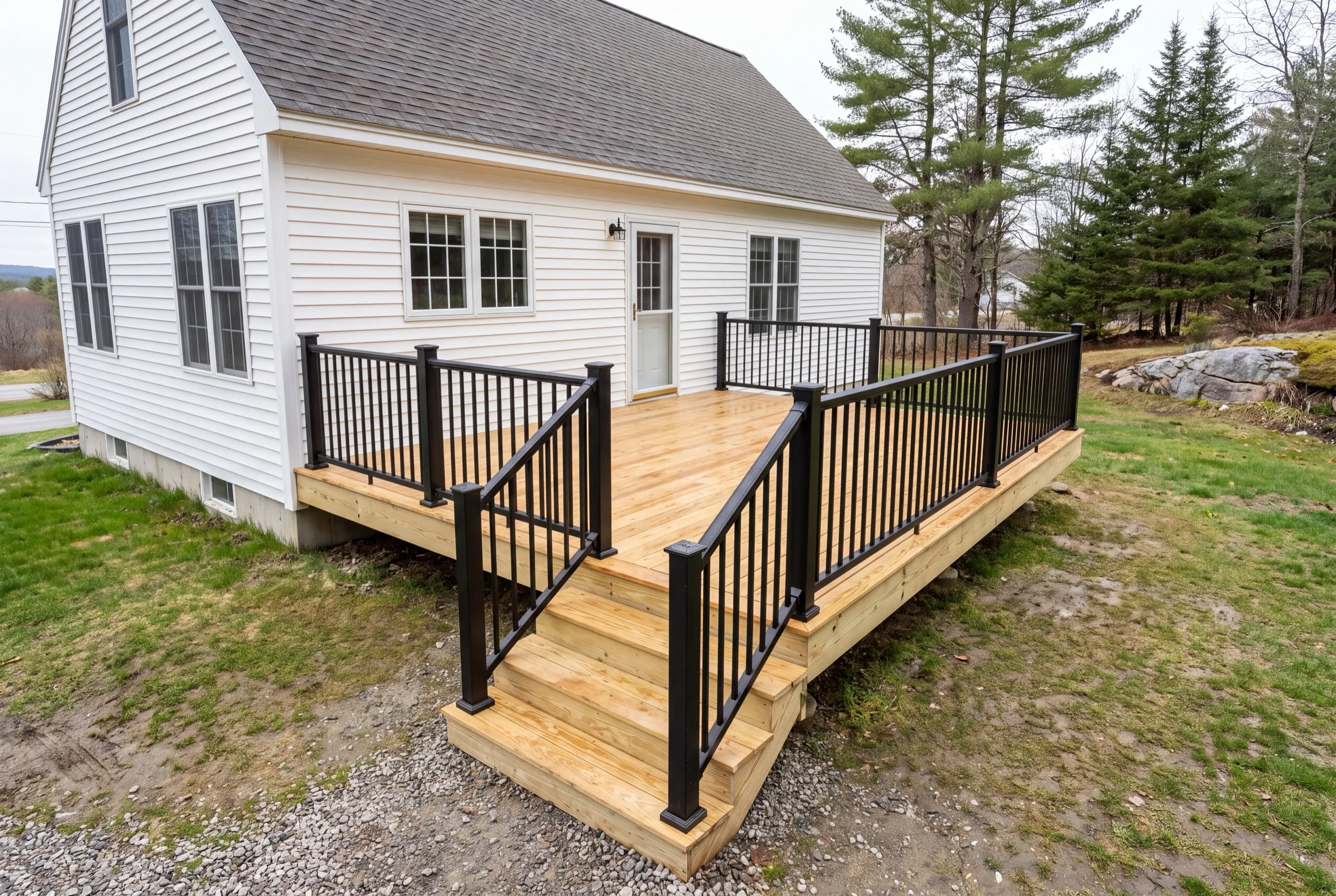 Deck builder Augusta Maine: new pressure-treated deck with black metal railings and stairs off a white cape