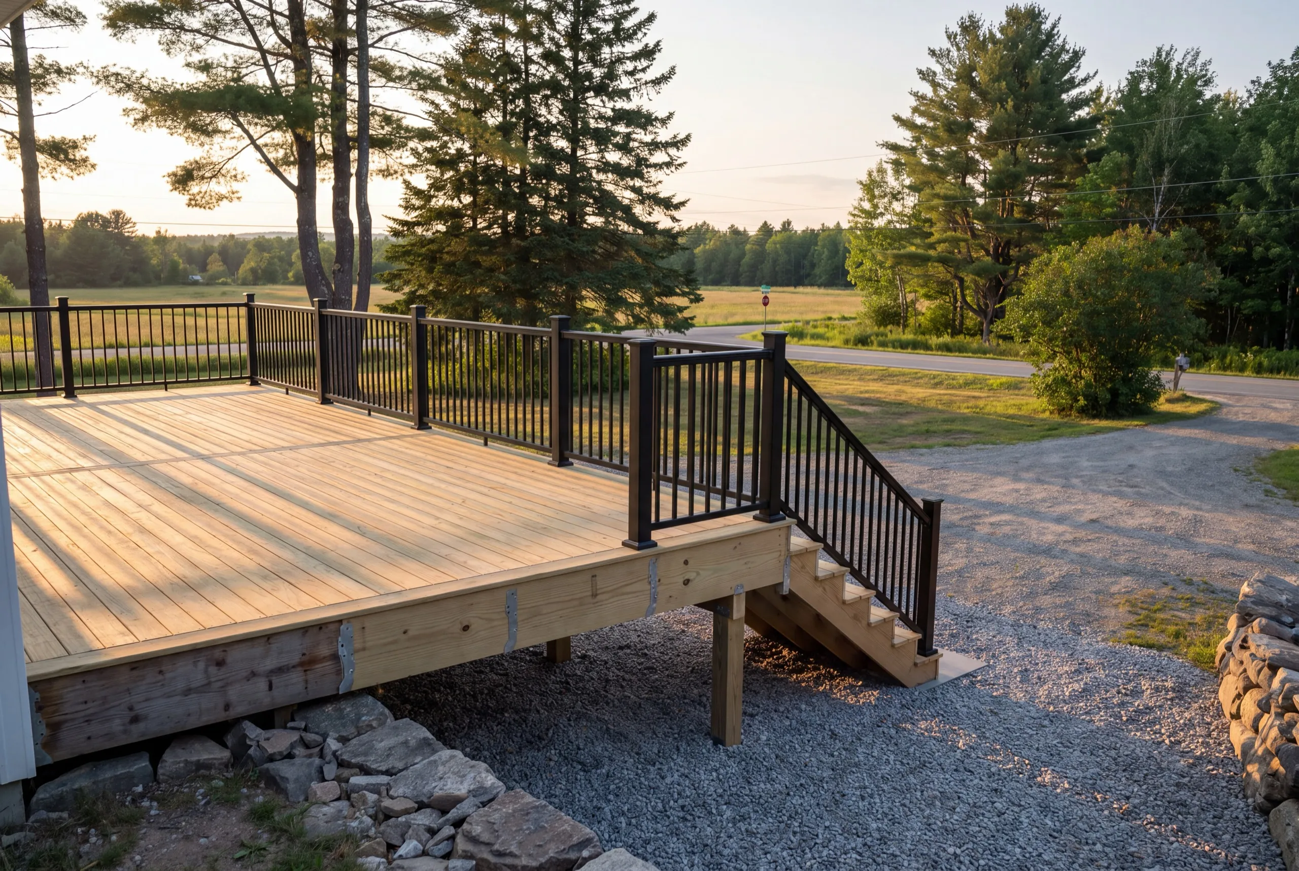 Deck contractor Chelsea Maine: new pressure-treated deck tied onto an older rim board with black railing and stairs