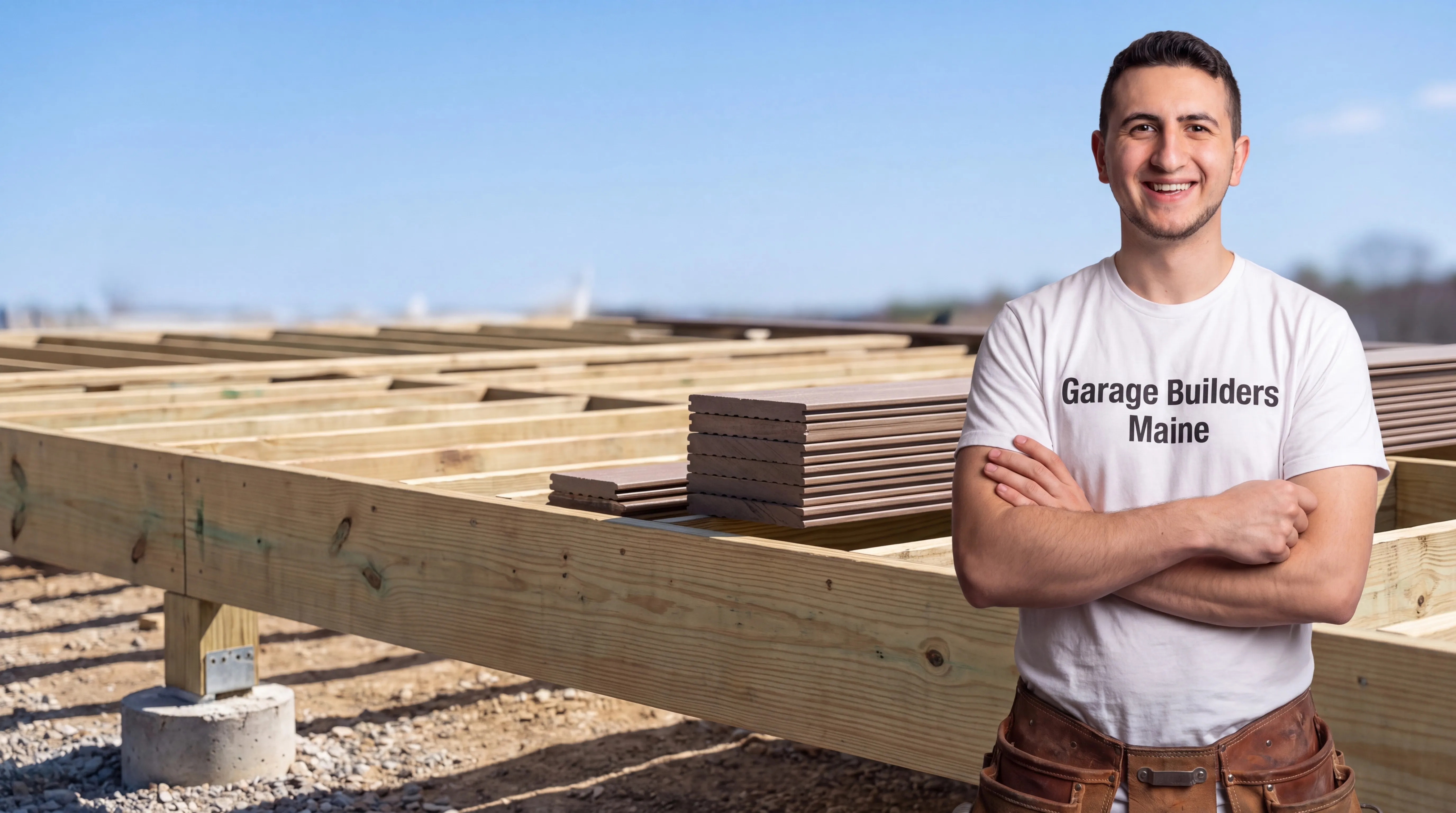 Owner of Garage Builders Maine standing with his arms crossed and smiling at a Maine job site