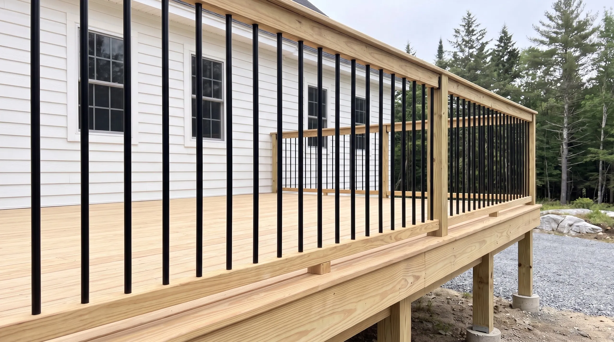 Deck contractor Central Maine: new pressure-treated deck with wood rails and black round balusters beside a white house