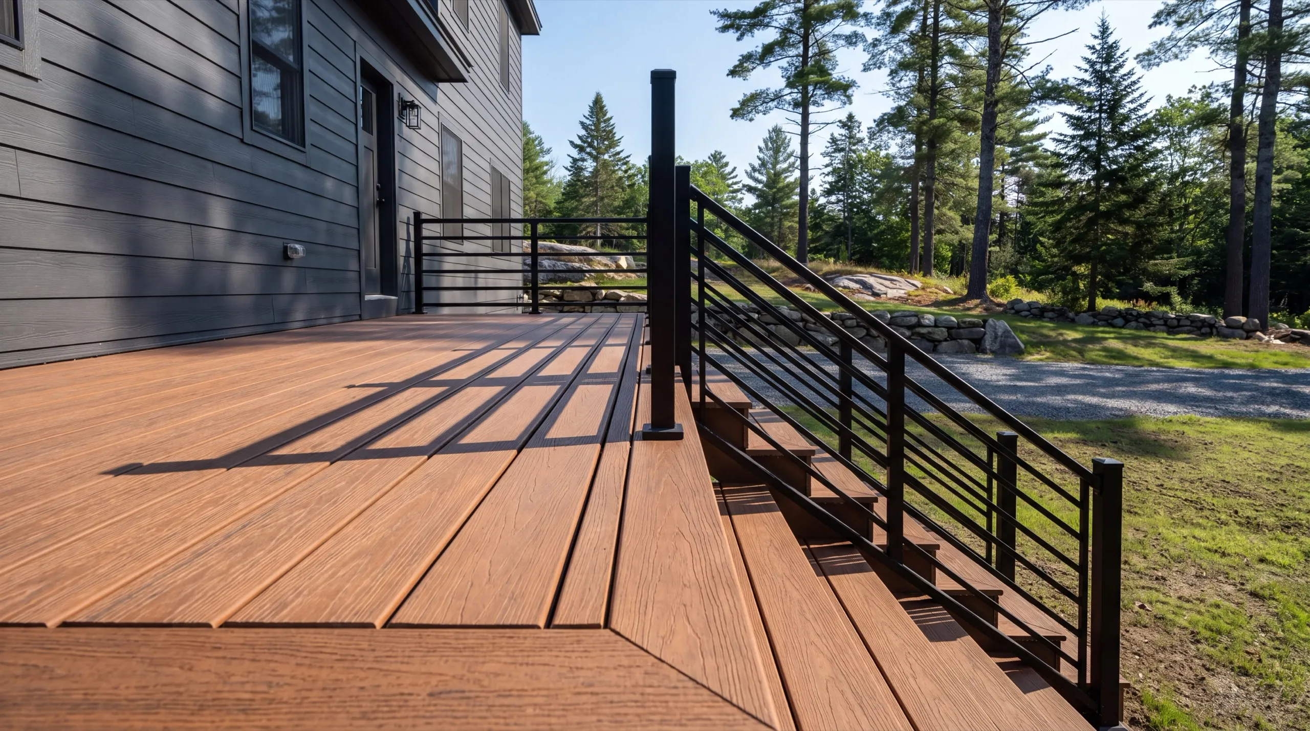 Deck contractor Dresden Maine: brown composite deck and stairs with black horizontal-bar railing by a gray house
