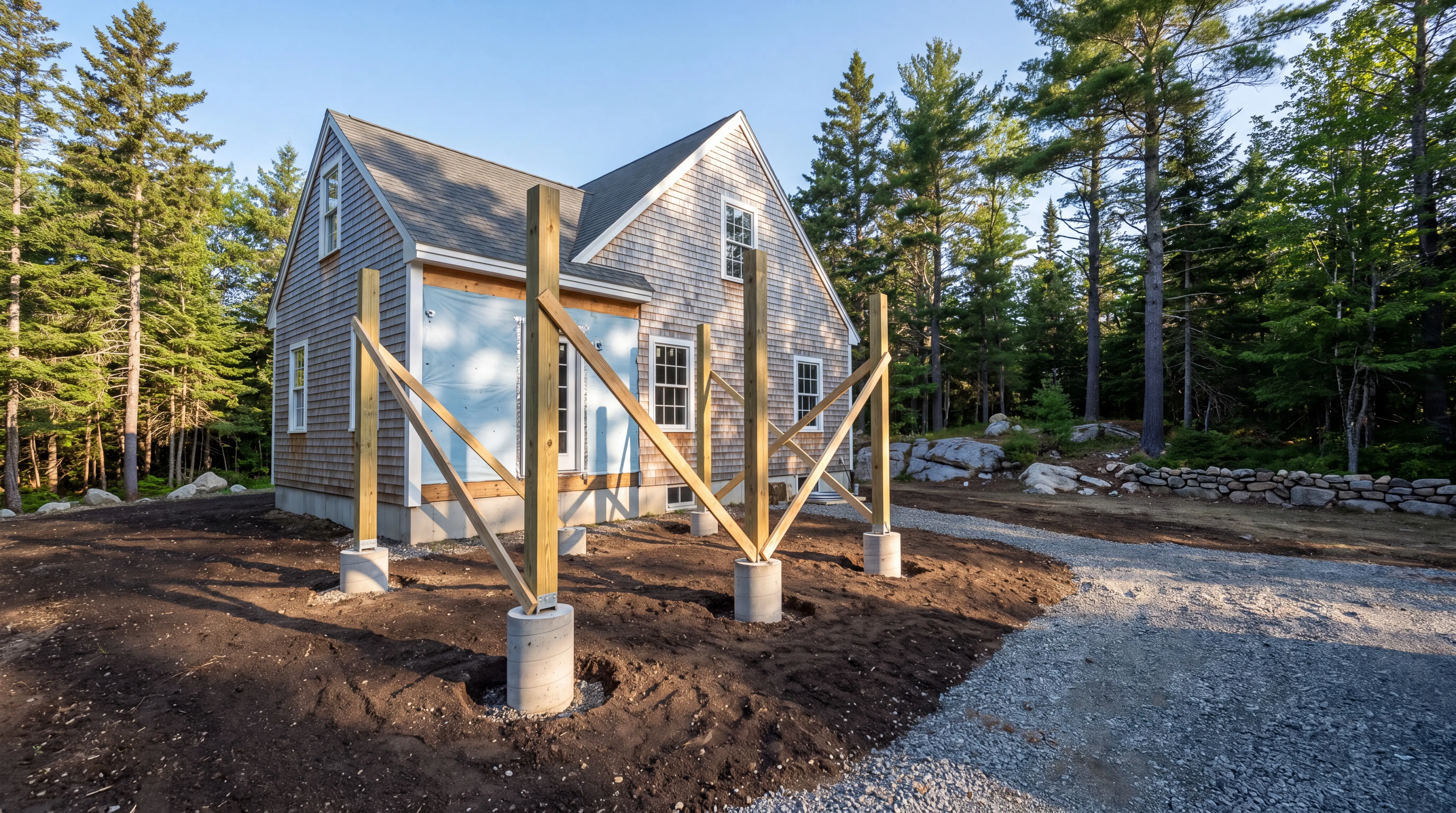 New deck posts braced on concrete piers beside a cedar-shingled cape in Dresden, Maine