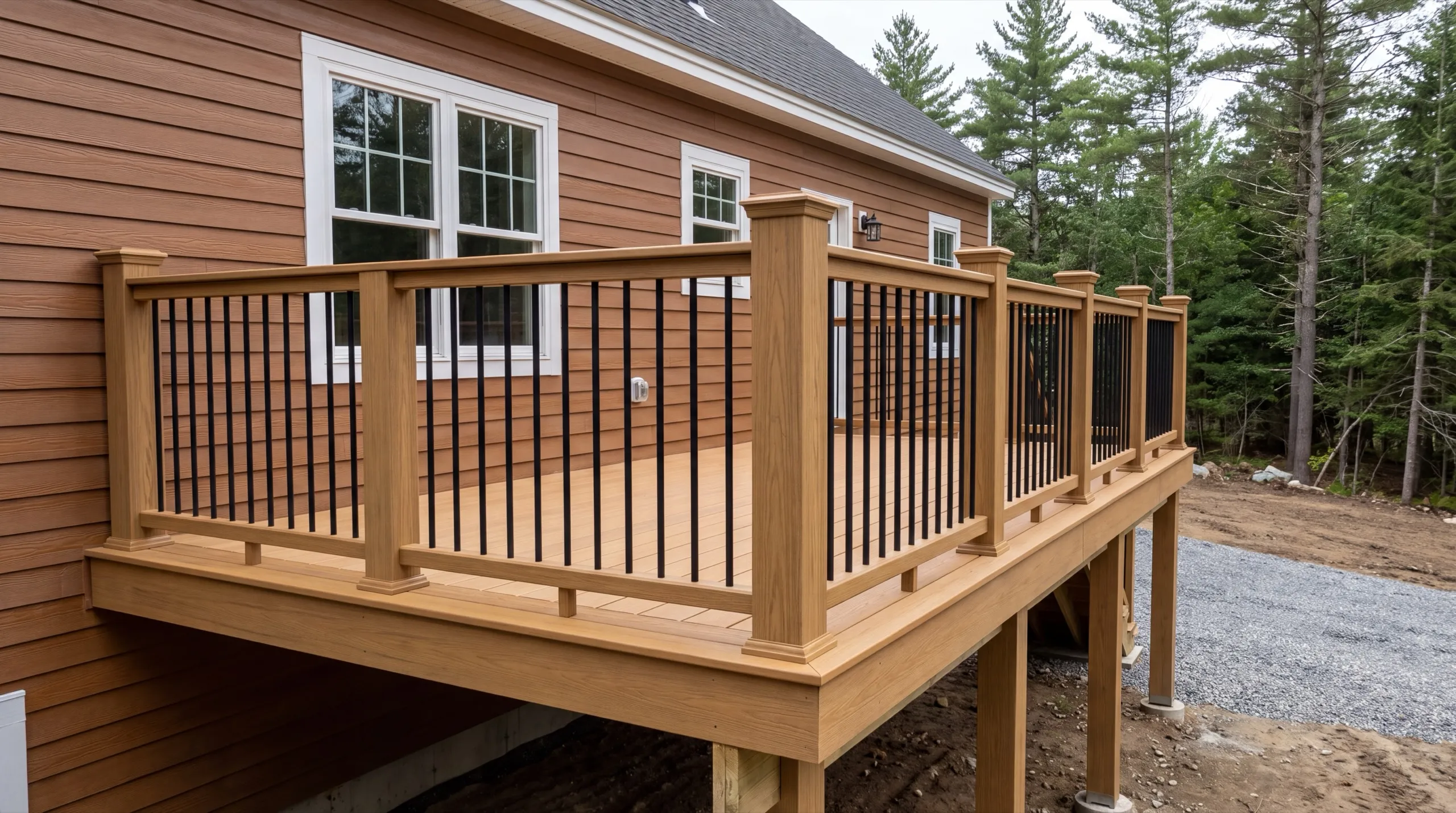 Deck contractor in Dresden, ME: tan composite deck with black balusters on posts beside a brown-sided house