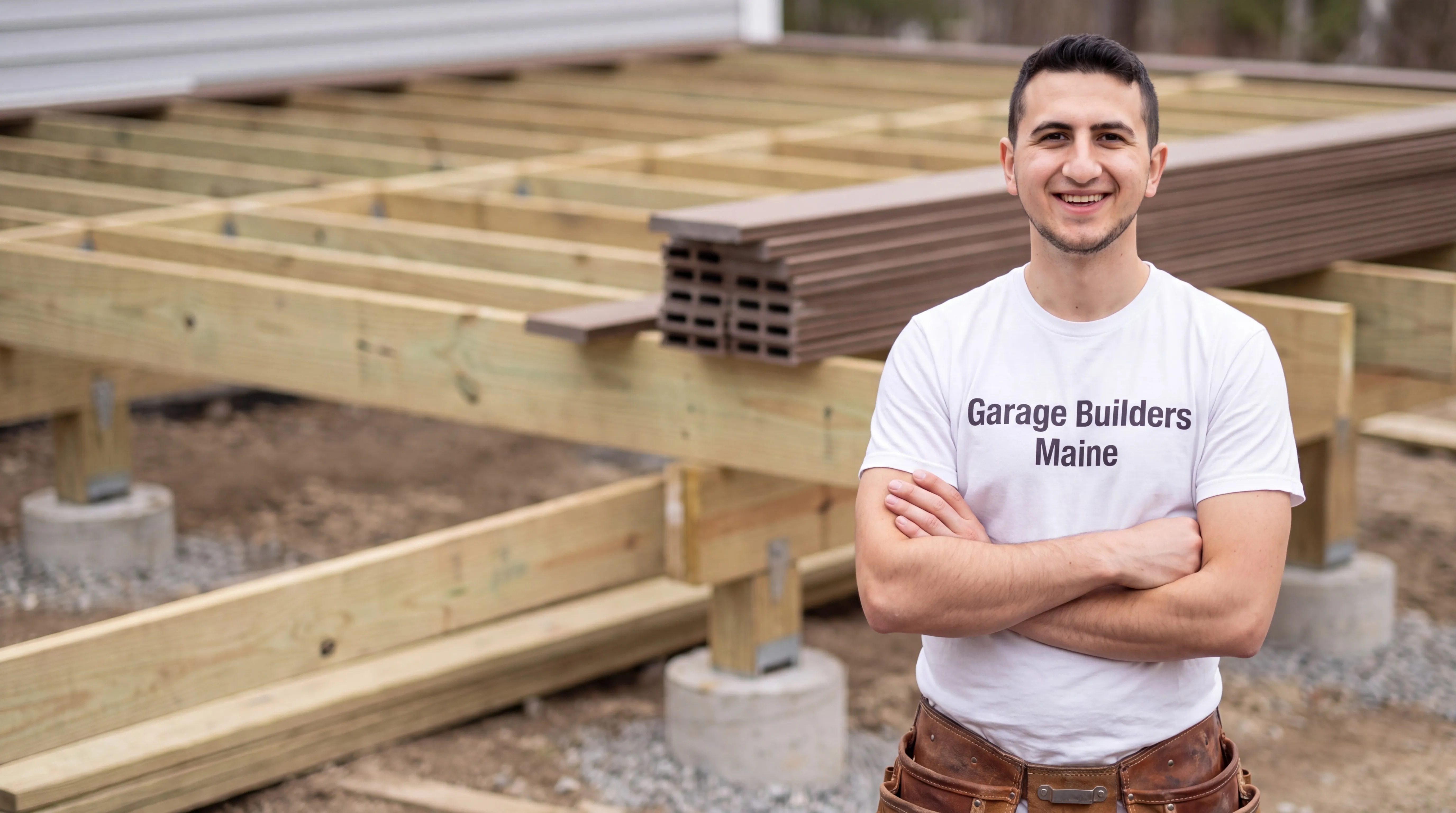 Owner of Garage Builders Maine standing with his arms crossed and smiling at a Maine job site