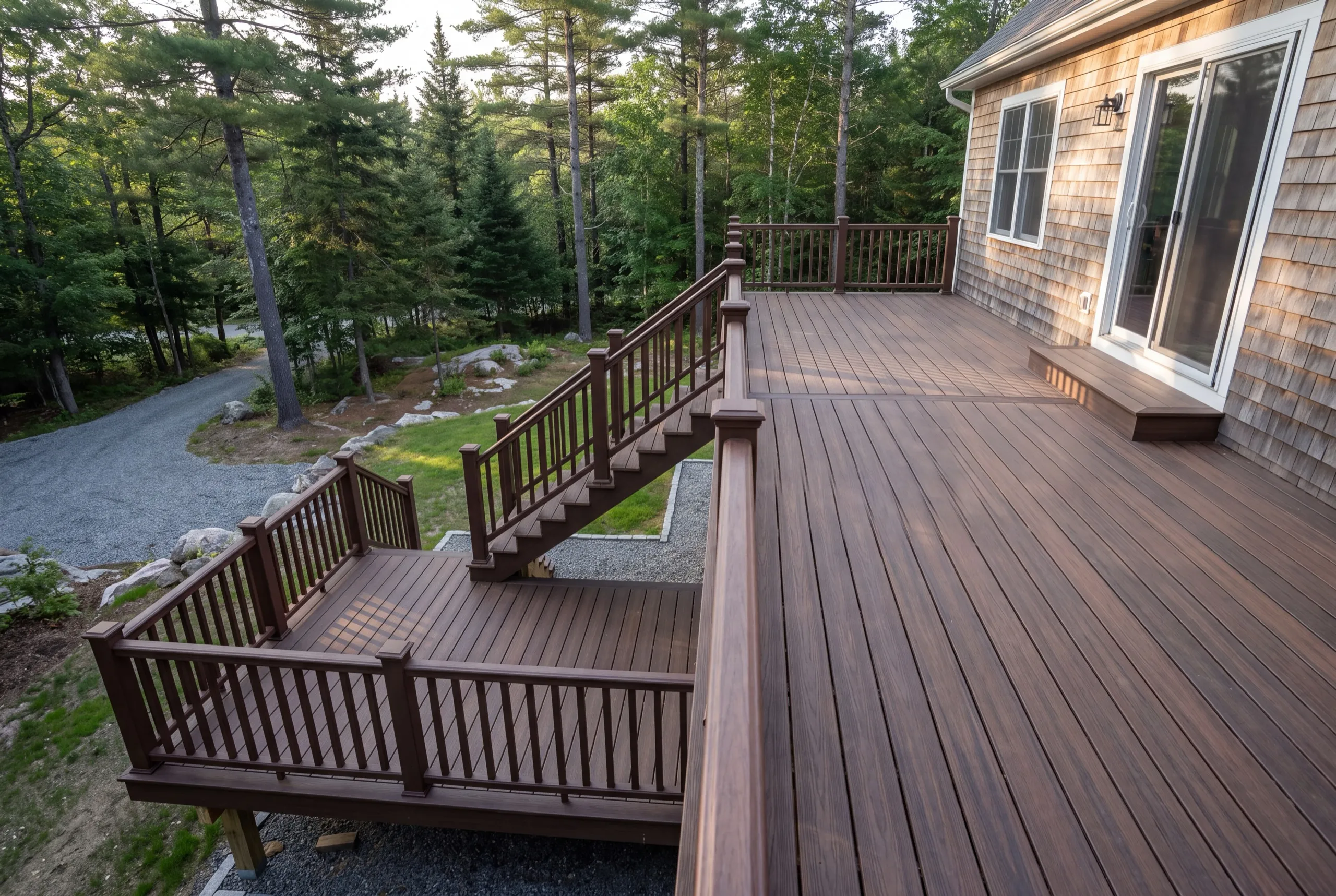 Deck contractor Dresden Maine: two-level brown composite deck joined by a railed stair off a shingled house