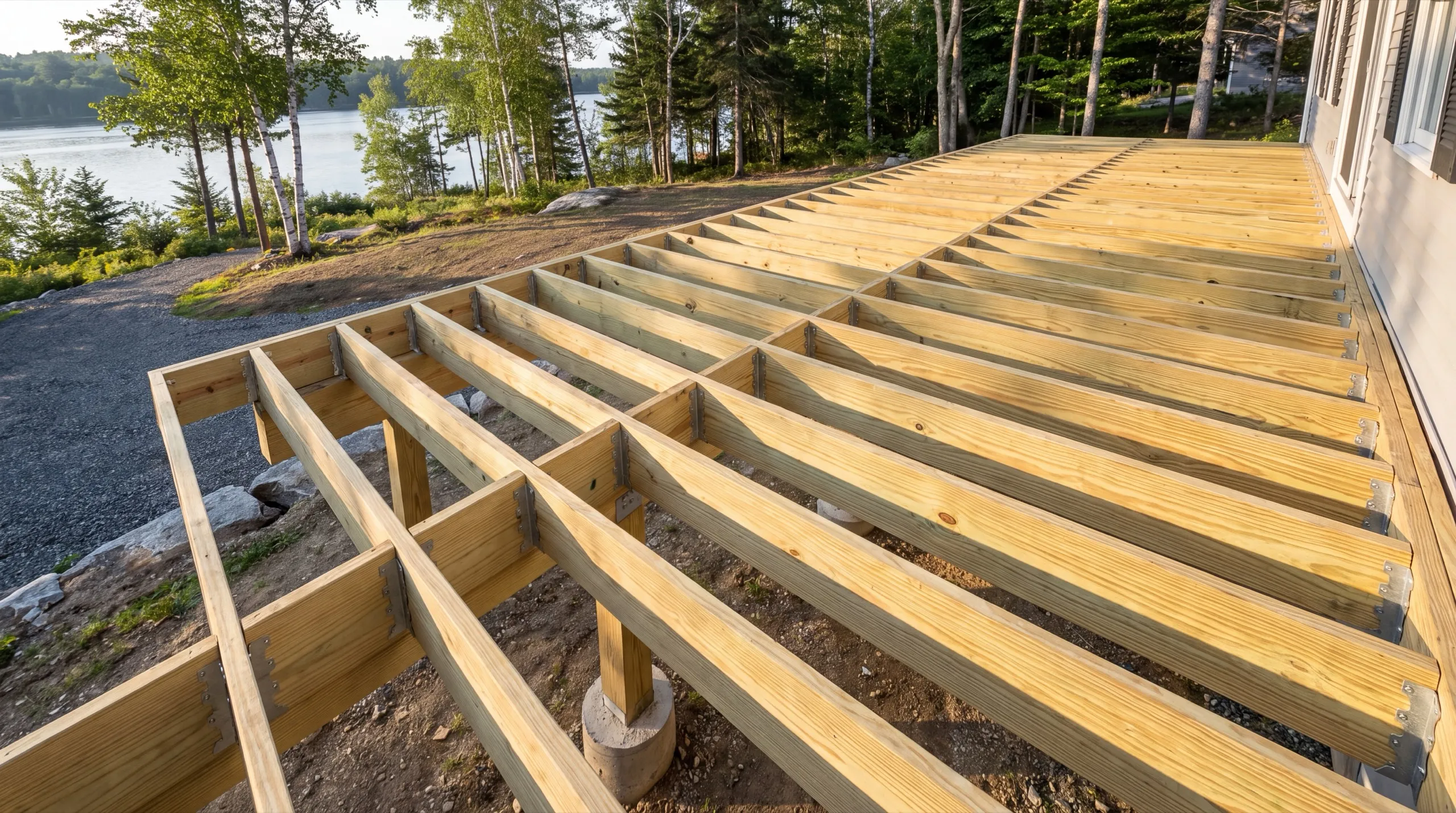 Deck builder Farmingdale Maine: new pressure-treated deck joists and beam framed on piers above a gravel drive