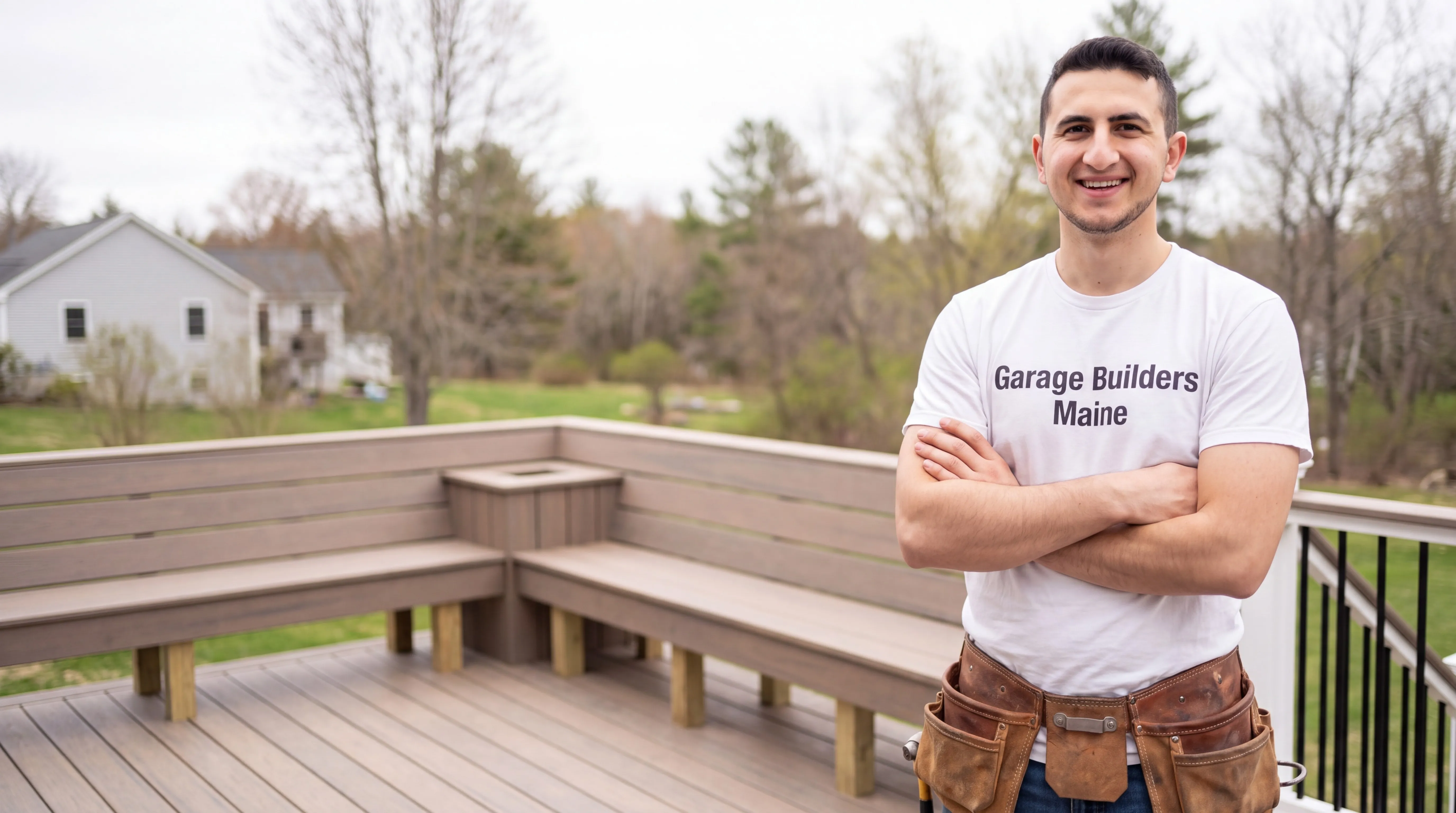 Owner of Garage Builders Maine standing with his arms crossed and smiling at a Maine job site