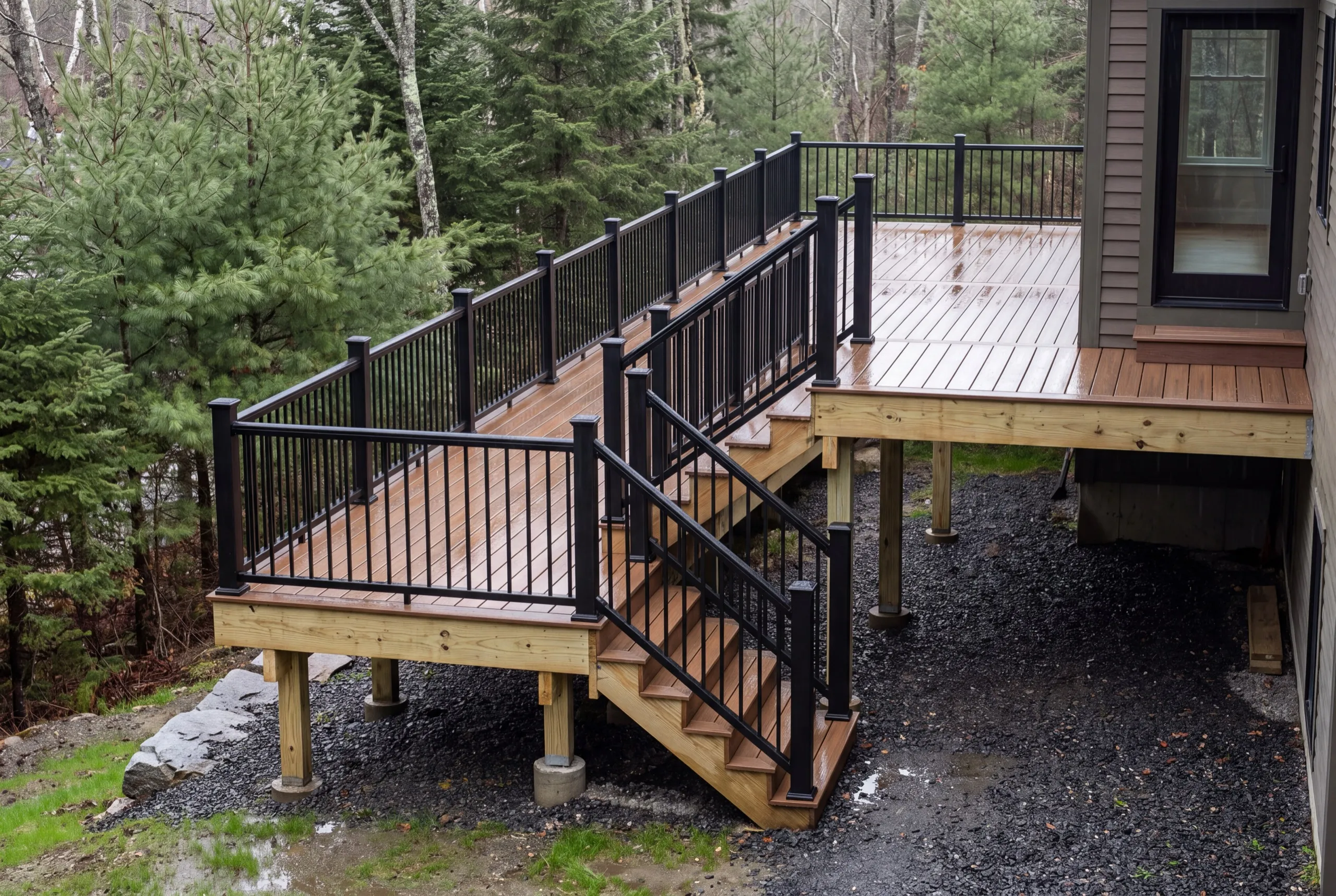 Deck contractor Farmingdale Maine: two-level brown composite deck joined by stairs with black metal railings