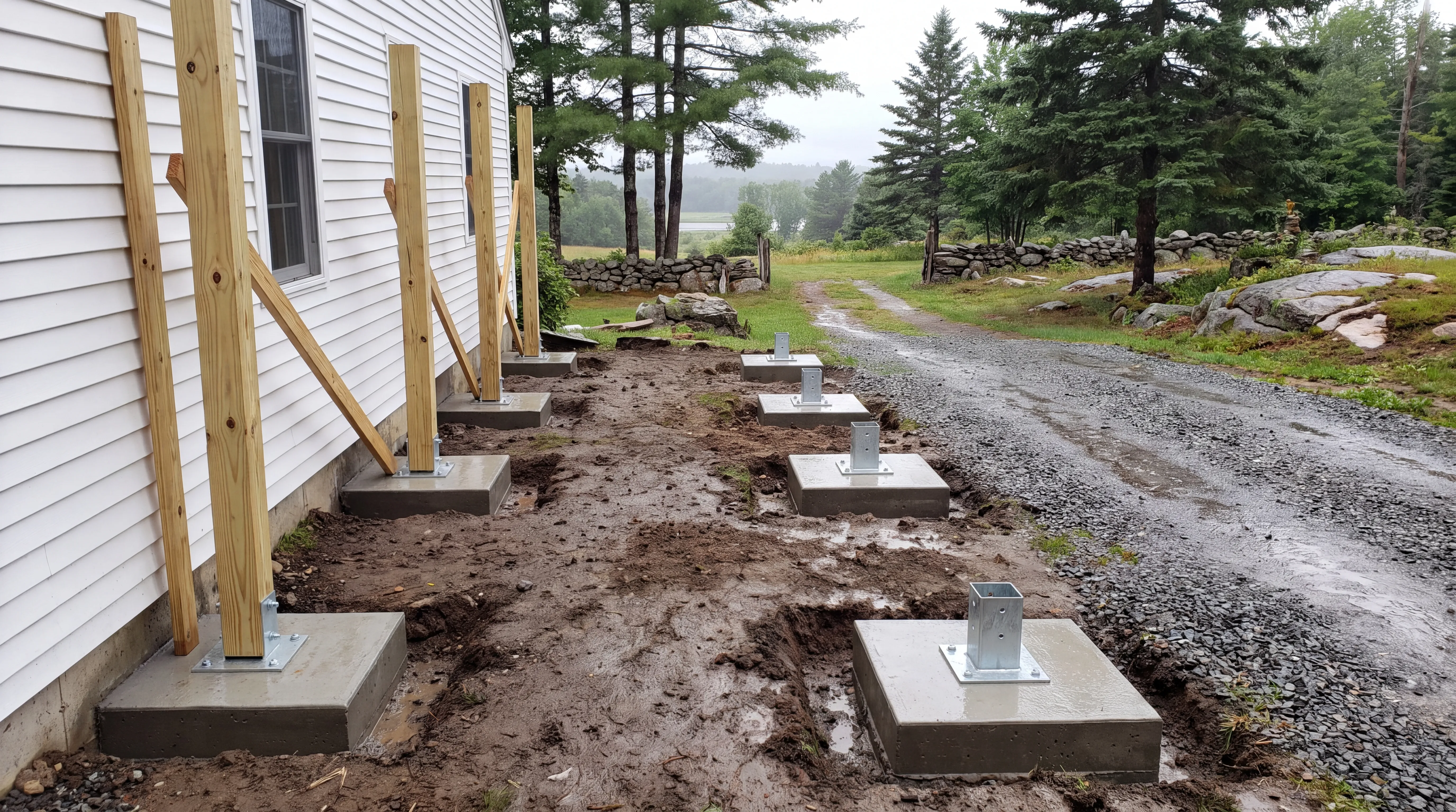 Square concrete footings with metal post bases and braced posts along a white house