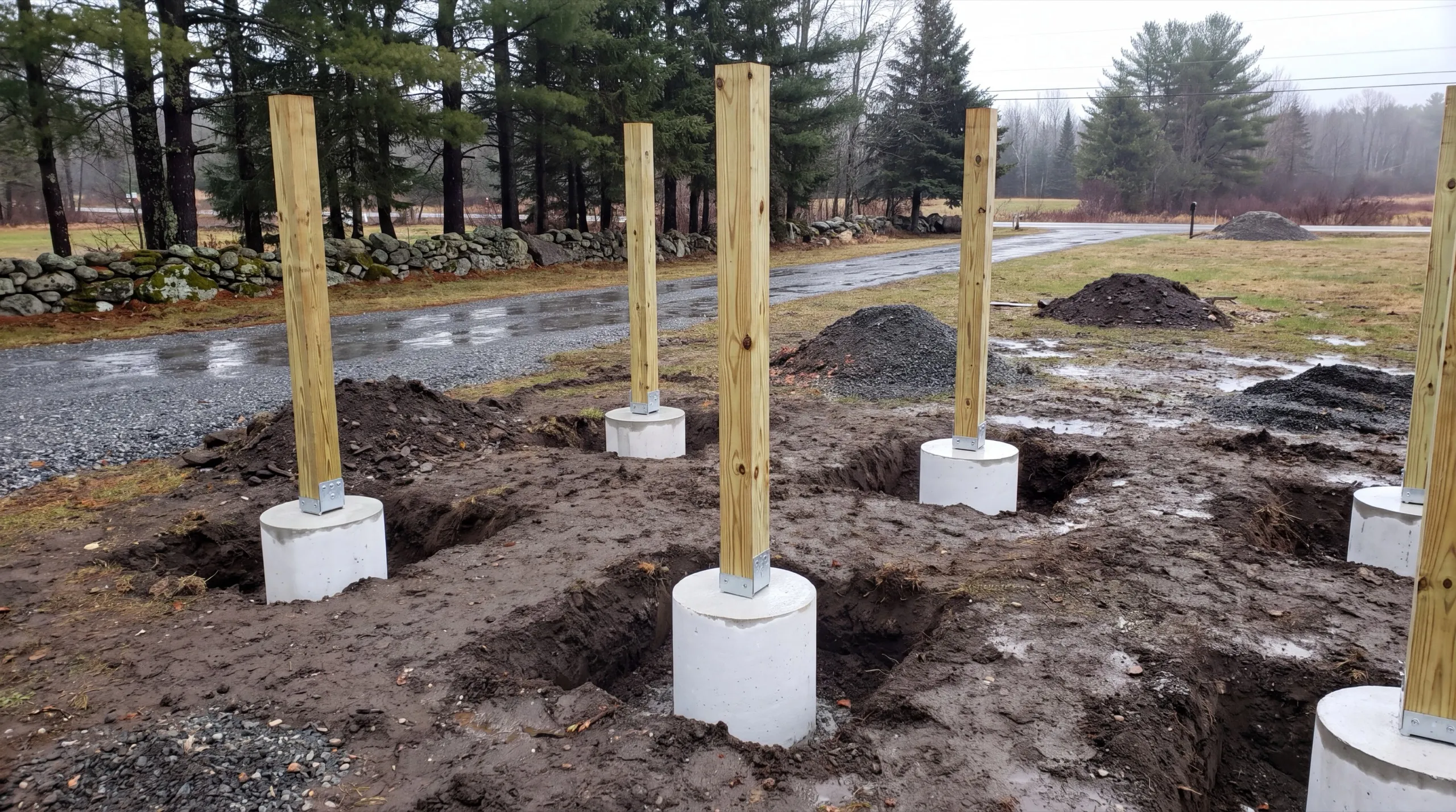 concrete footings poured to frost depth for a Central Maine deck