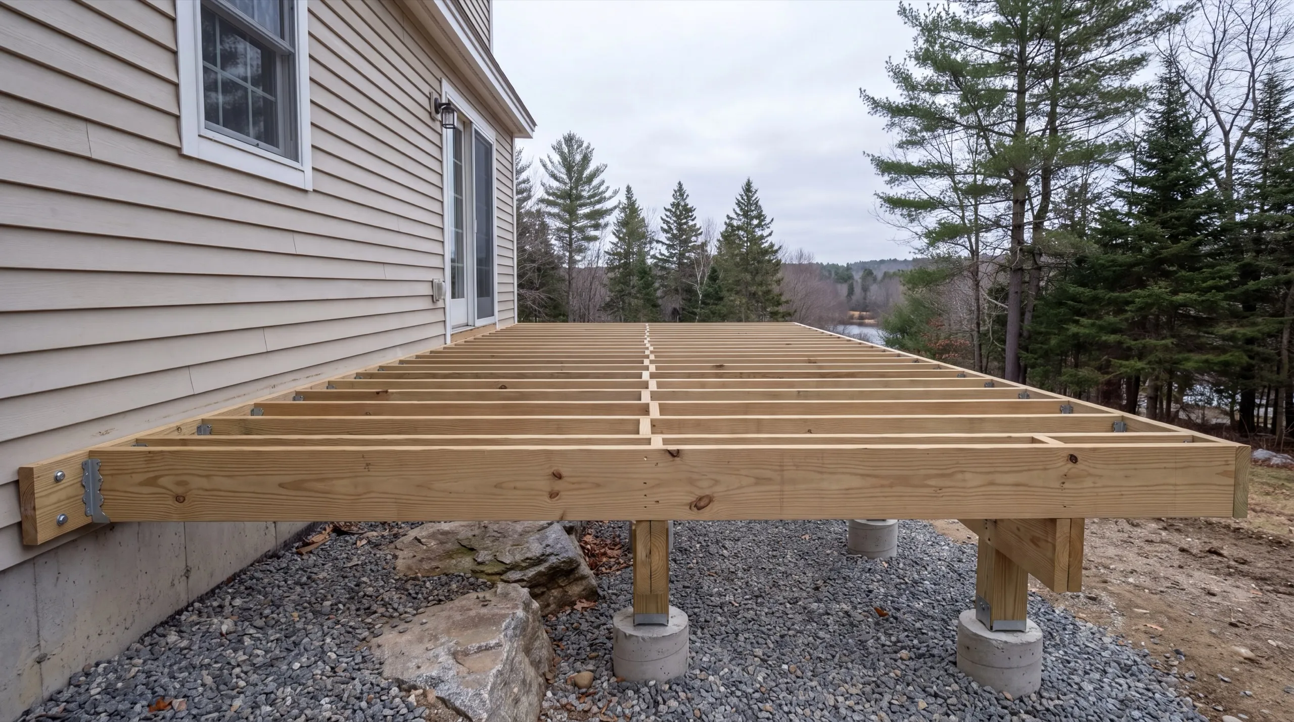 Deck contractor Central Maine: new deck framing with joists on posts and footings beside a gray house