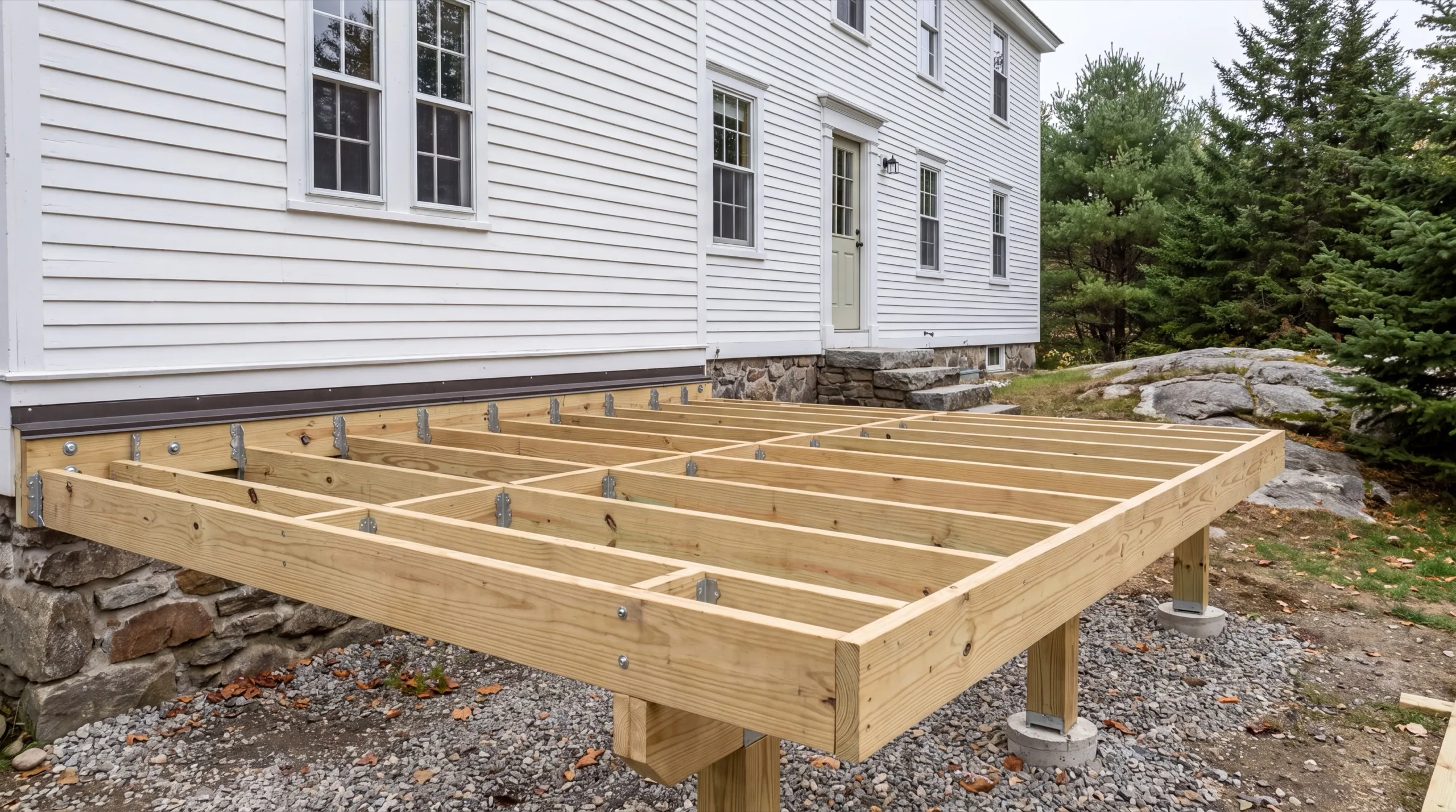 Deck builder Gardiner Maine: new pressure-treated deck joists framed off a white house on posts and piers