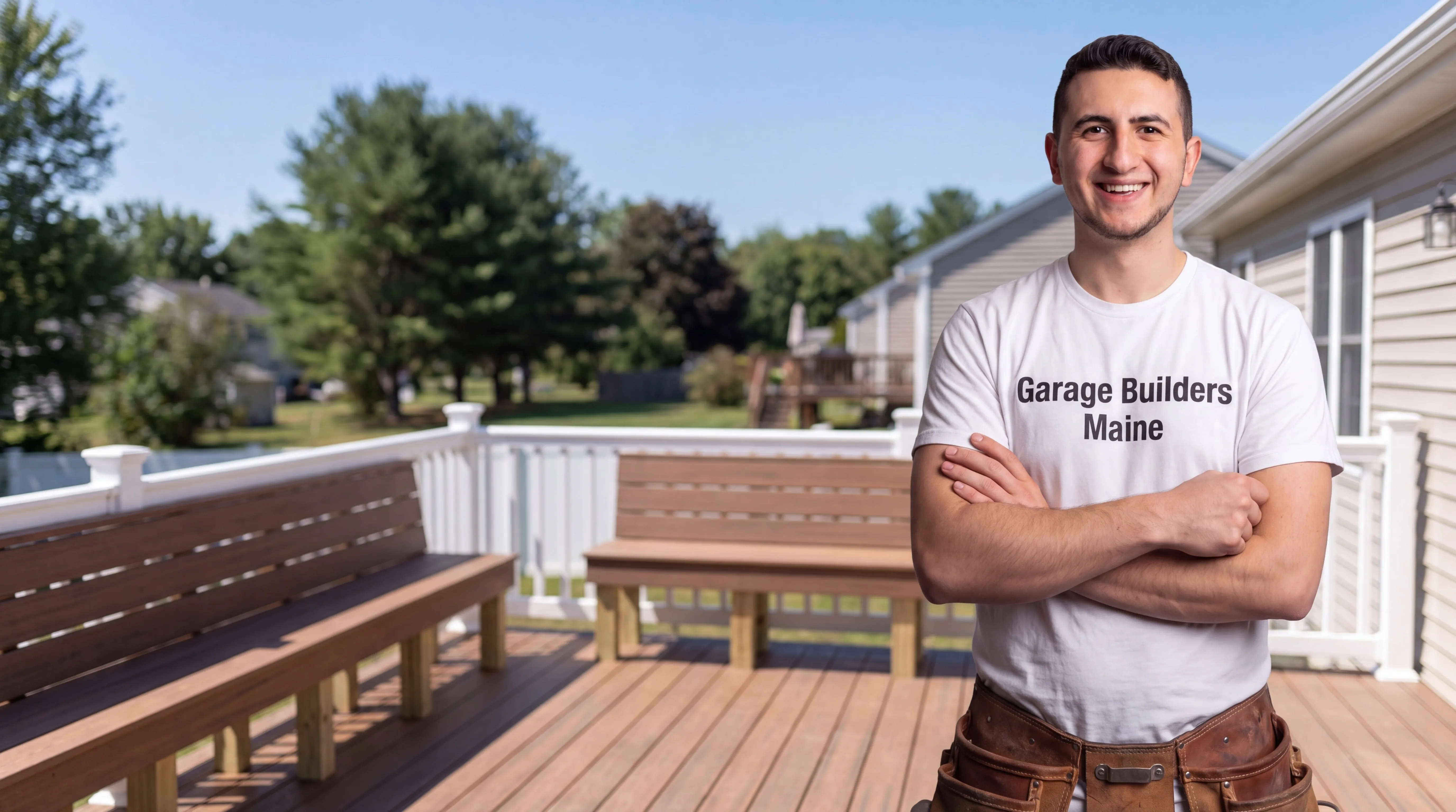Owner of Garage Builders Maine standing with his arms crossed and smiling at a Maine job site