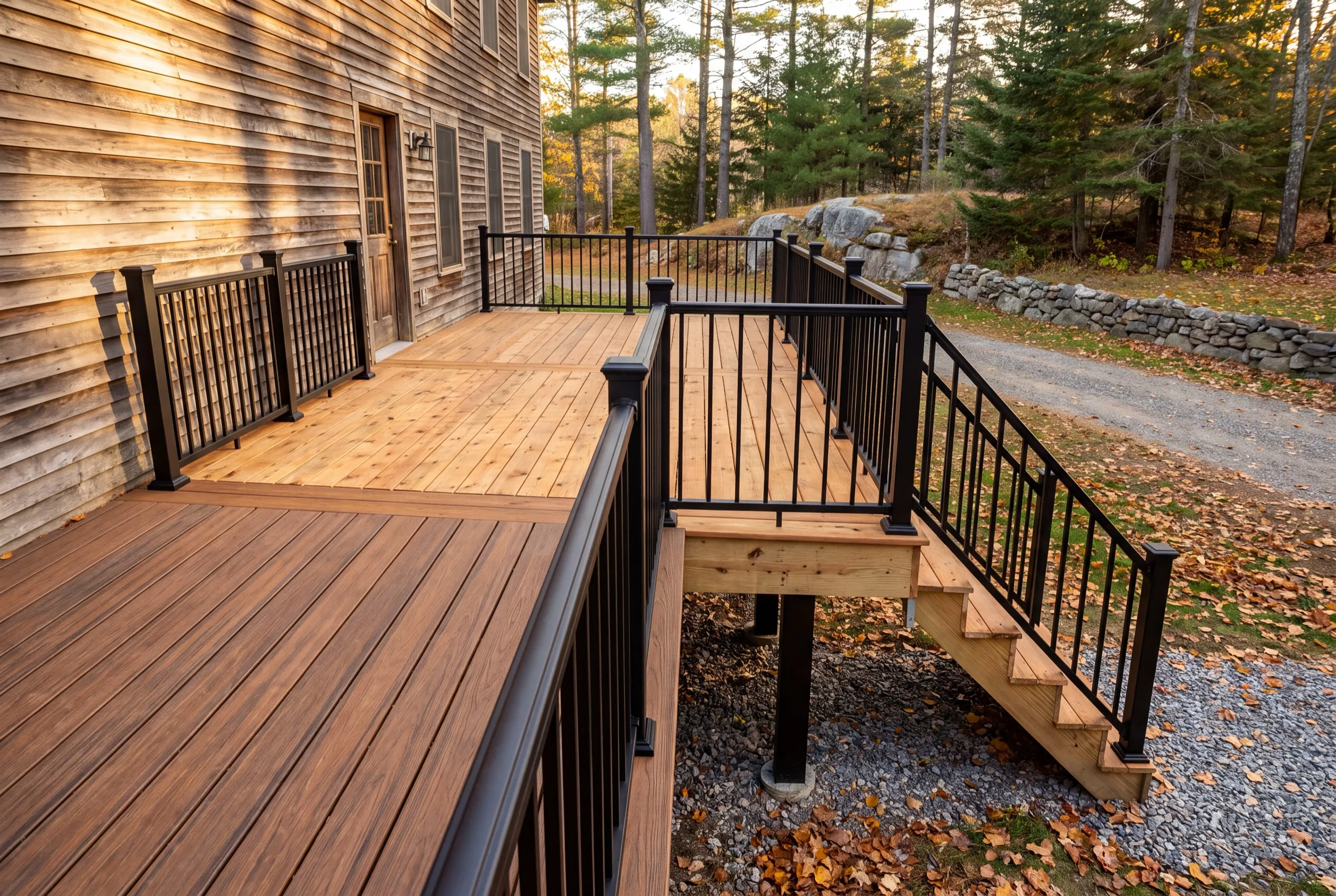 Deck builder Gardiner Maine: cedar deck section above a brown composite section with black railings and stairs