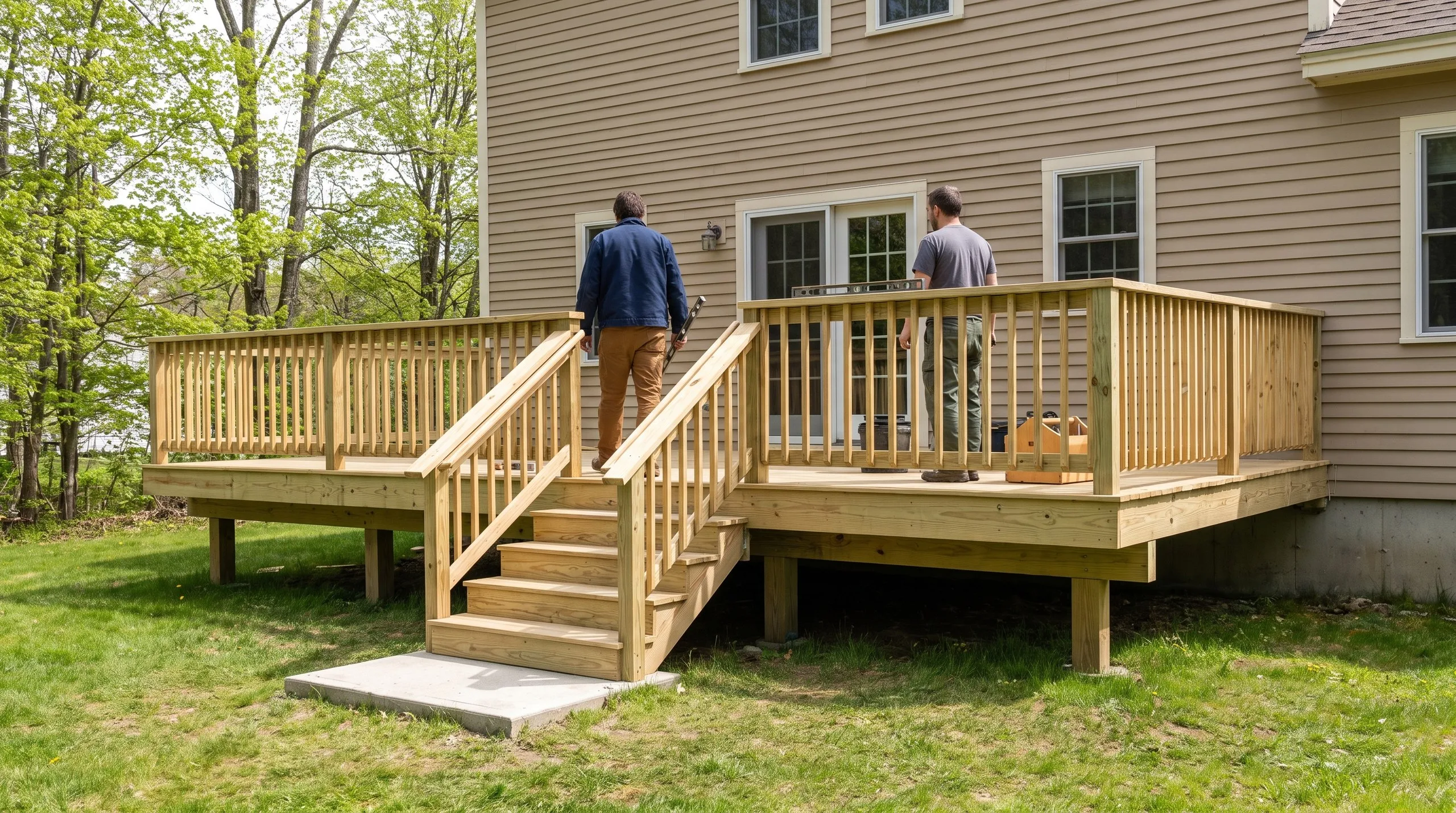 Deck contractor Hallowell Maine: pressure-treated deck and stairs with wood railings and two workers by a tan house