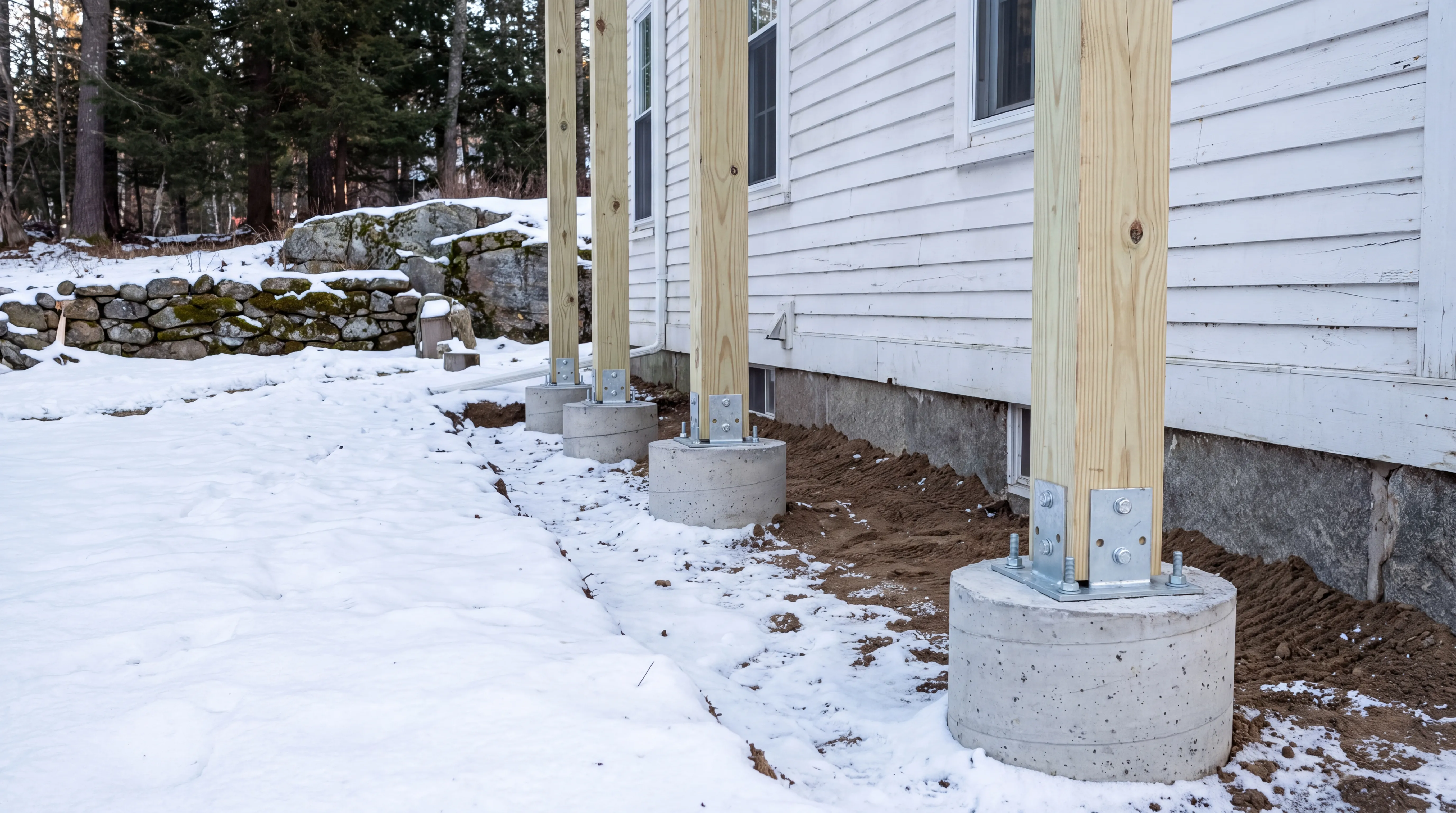 Round concrete piers with new posts in metal bases beside a house in snow in Hallowell, Maine